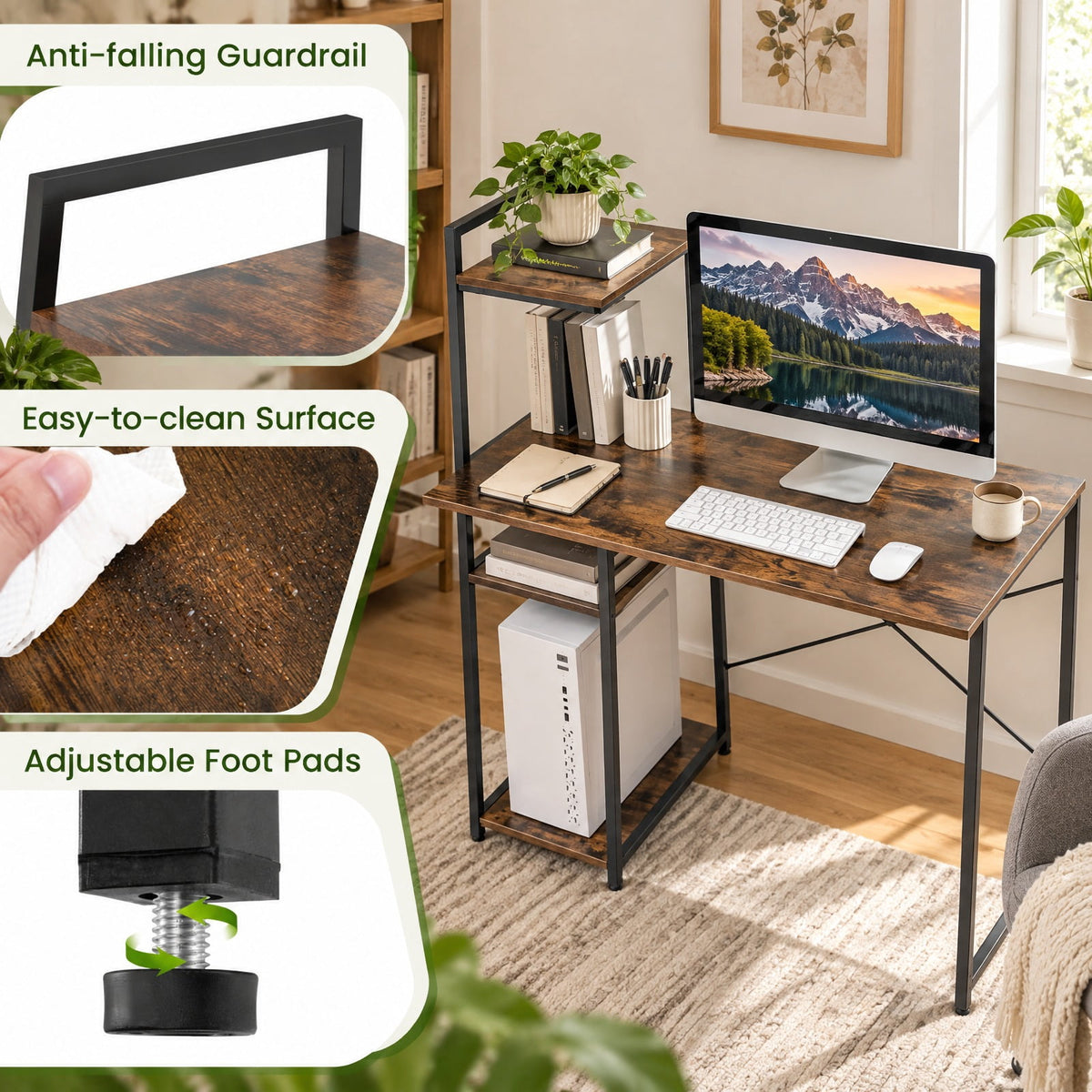 Airfind Computer Desk with Shelves and 3-Tier Storage Bookshelf, Metal Engineered Wood Frame, 39.5 x 20 x 47.5 Footprint, Brown