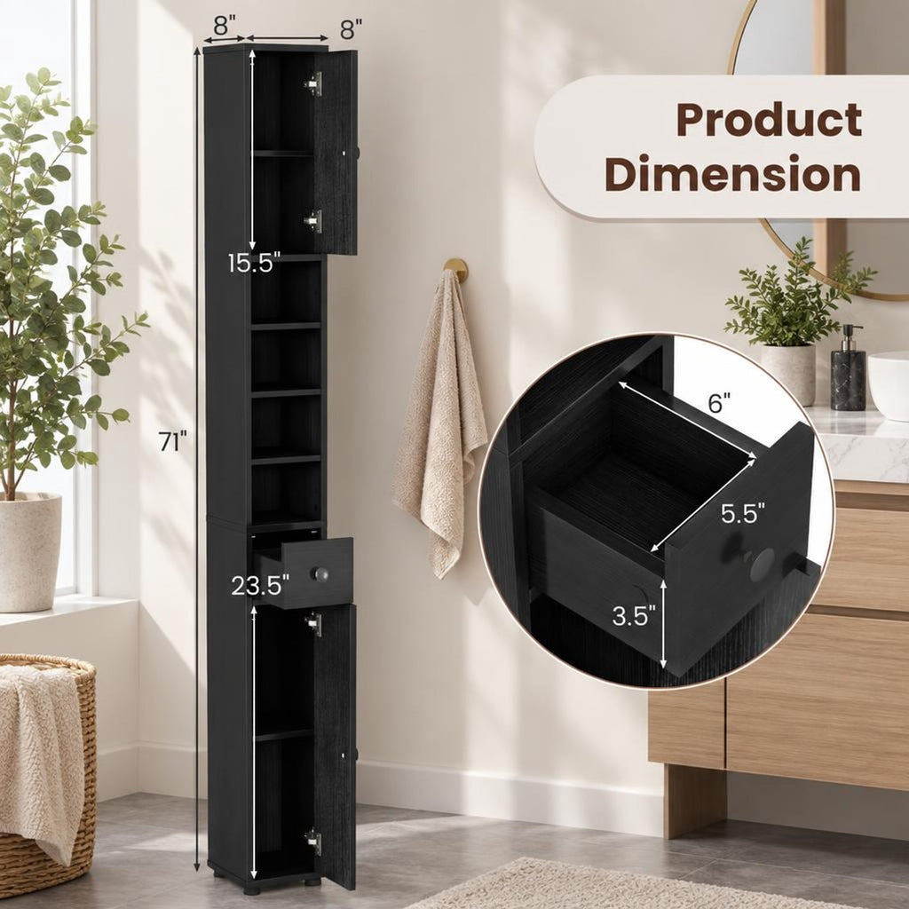 Airfind Freestanding Slim Bathroom Cabinet with Drawer and Adjustable Shelves, 110 lbs Capacity, MDF Frame, 8in x 8in x 71in Total Footprint, Black