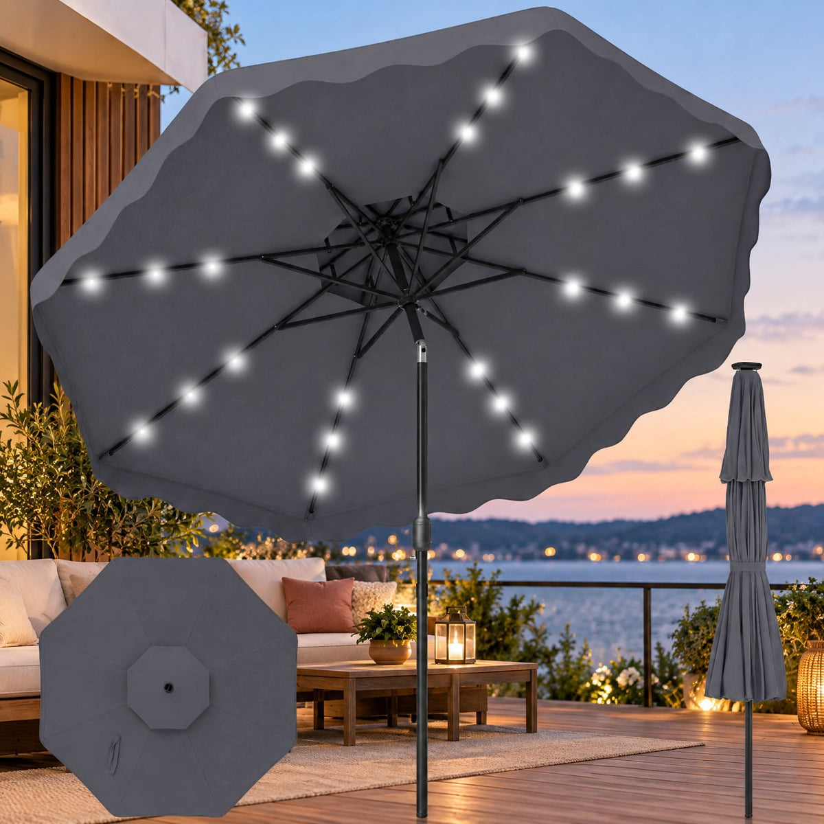 Airfind 9 FT Solar LED Patio Umbrella Push-Button Tilt and Crank 24 LED Lights and 8 Ribs, Polyester Fabric Metal Frame, 9 x 8.2 ft Footprint, Gray