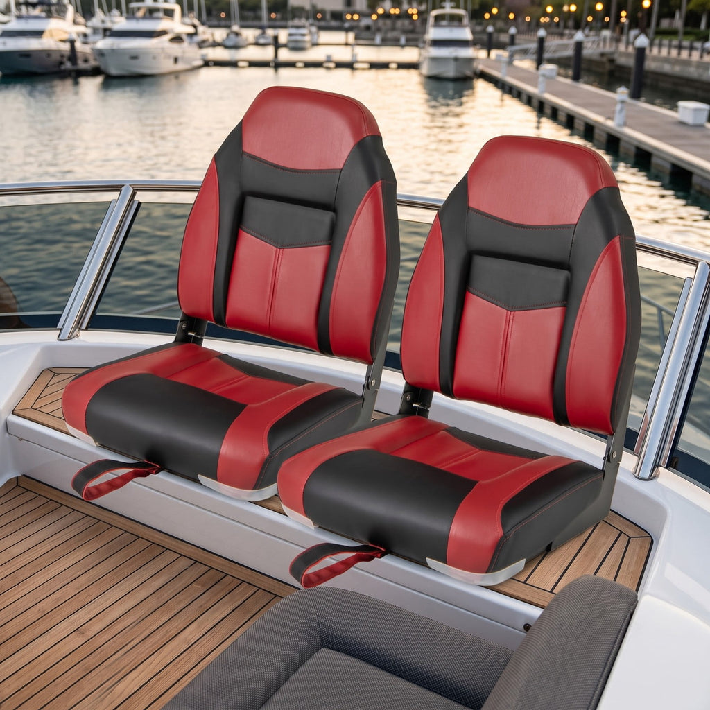 Airfind High Back Folding Boat Seat with Padded Sponge Cushion and Aluminum Hinges for Fishing and Pontoon Boats, Red and Black