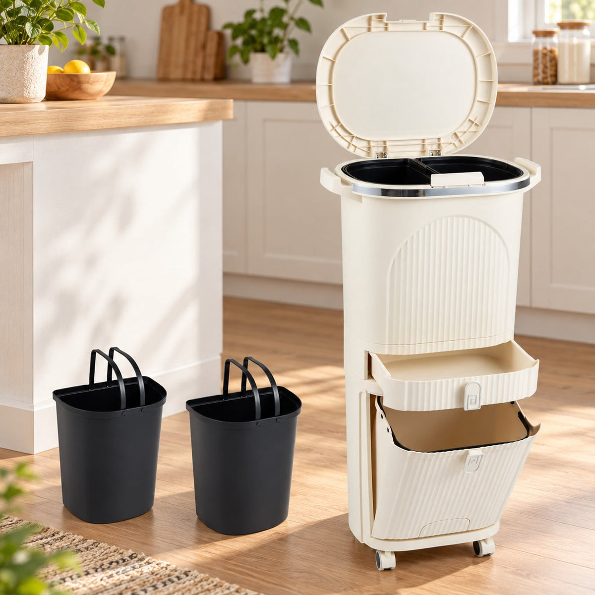 Airfind 11 Gallon 3-Layer Kitchen Trash Can with Lid and 2 Removable Buckets, PP Frame, 17in x 11.5in x 32.5in Overall Height (Open) 43in Footprint