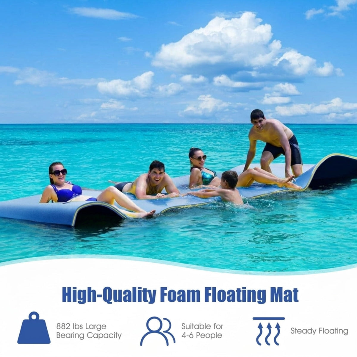 Airfind Inflatable Floating Island for Adults with Mesh Seats and Backrests plus Cup Holders and Boarding Platform in Heavy-Duty Material for Lake and Pool Parties, Blue