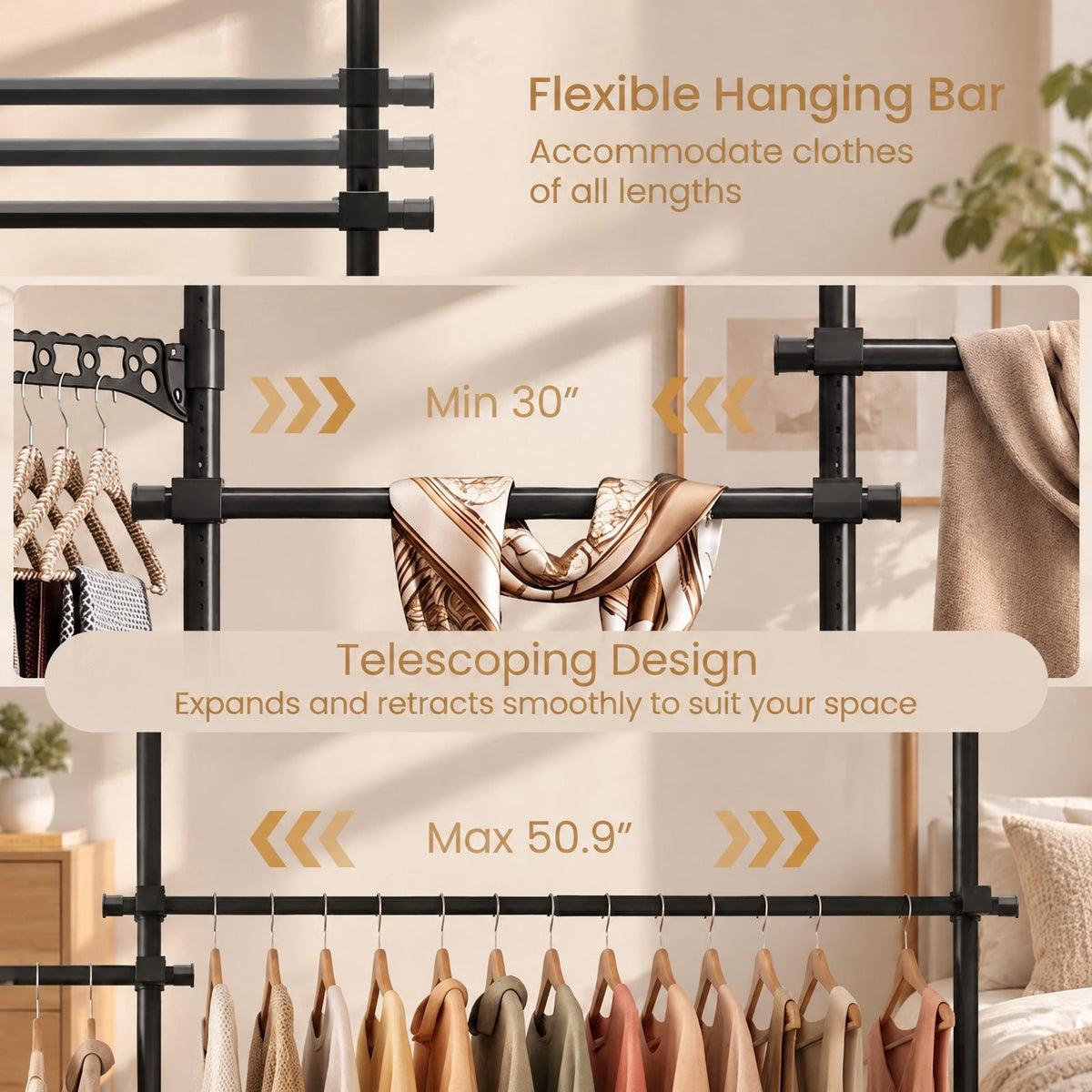 Airfind Adjustable Floor to Ceiling Clothes Rack with 6 Hanging Rods, Metal ABS Overall Frame, Black
