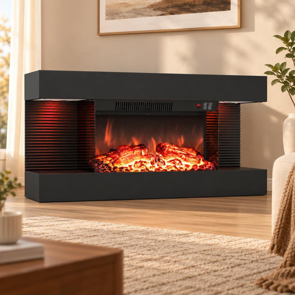Airfind 3-Sided Black Wall Mount Electric WiFi Fireplace with Floating Mantel and 12 Flame Ambient-32 inches, Metal Tempered Glass Frame, Black