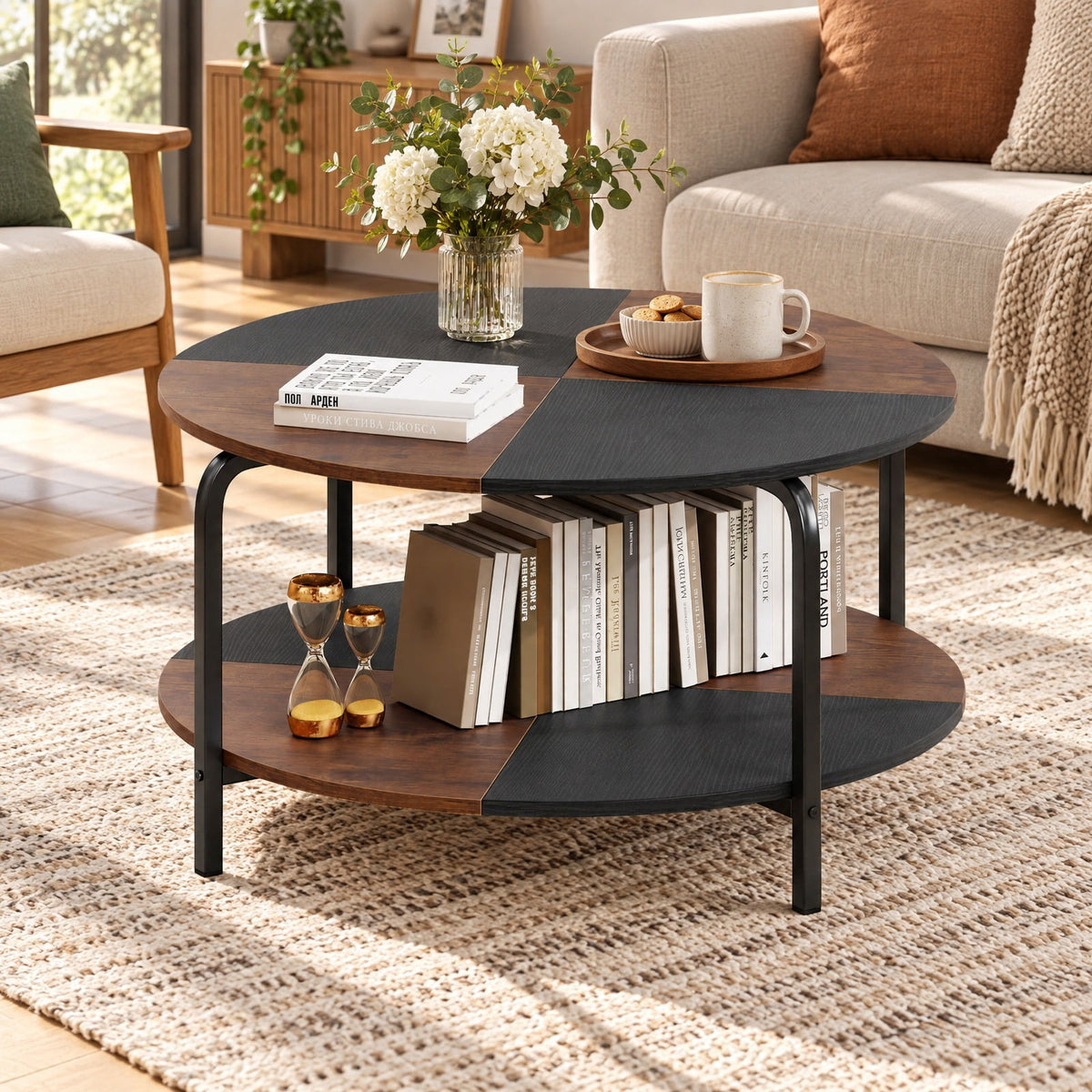 Airfind 2-Tier Round Coffee Table Metal Frame with Storage Shelf, 220 lbs Capacity, Engineered Wood Metal Frame, Coffee