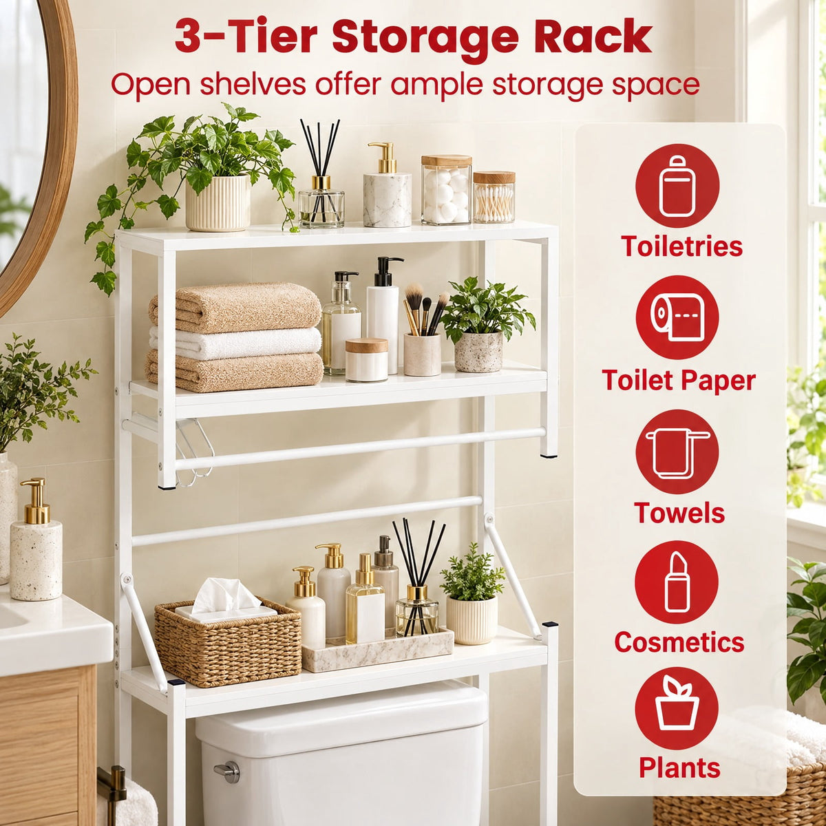 Airfind Over the Toilet Storage Rack 3-Tier Over Toilet Bathroom Organizer with Towel Holder, 110 lbs Capacity, Metal Engineered Wood Frame, White