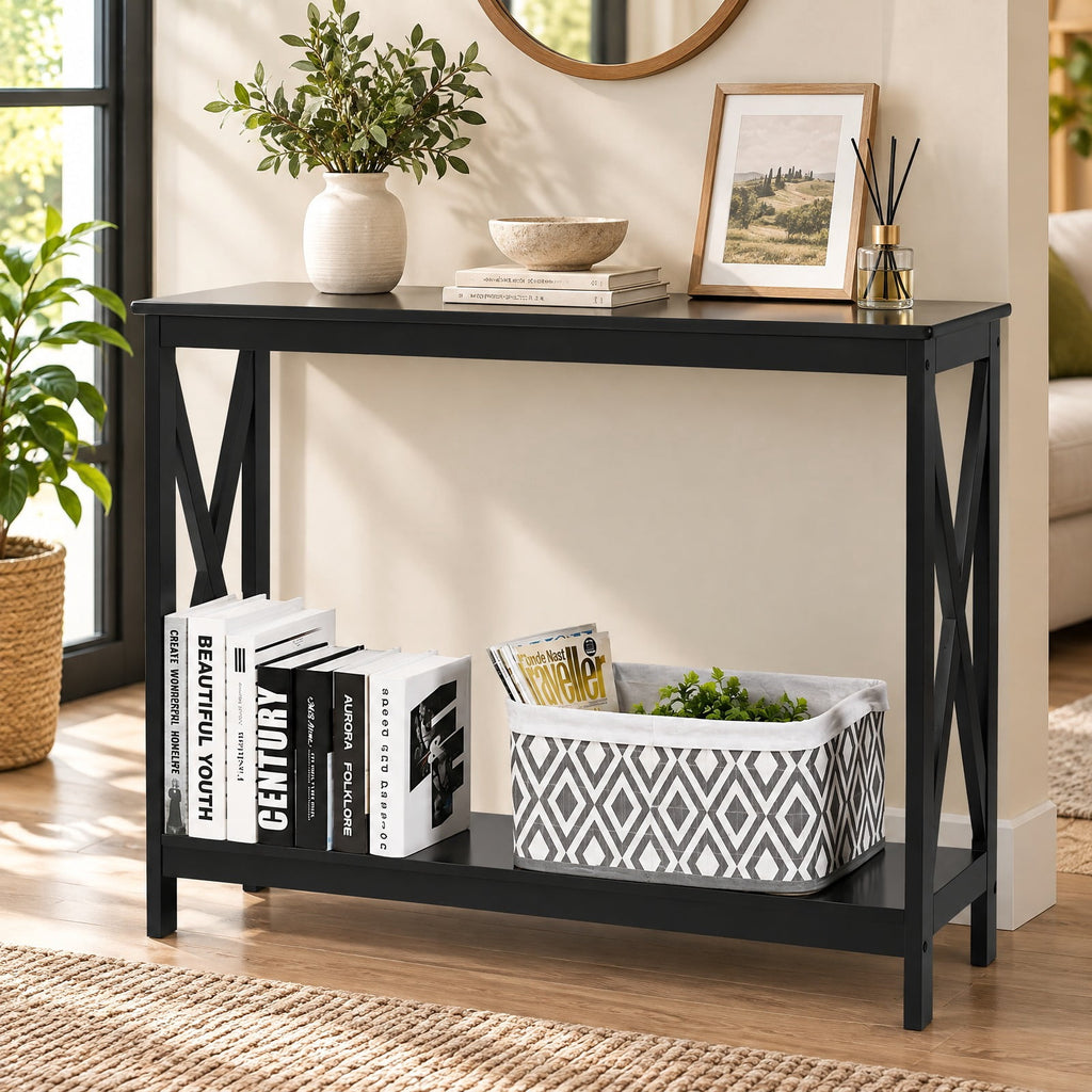 Airfind 2-Tier Console X-Design Sofa Side Accent Table, 66 lbs Capacity, P2 MDF Frame, 39.5 x 12 x 31.5 Footprint, Black