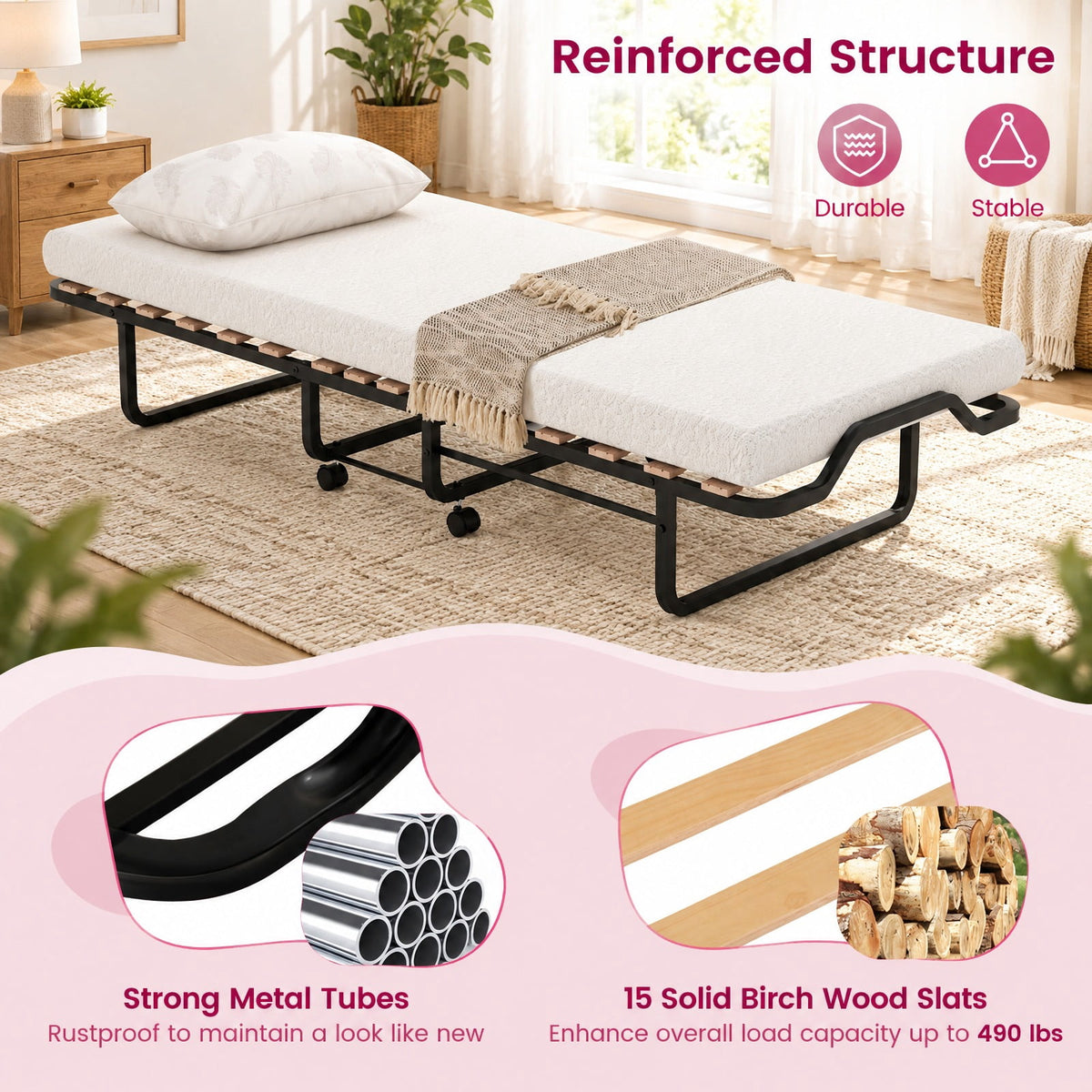 Airfind Rollaway Folding Bed with Memory Foam Mattress Made in Italy, 265 lbs Capacity, Steel wood memory foam polyurethane Frame
