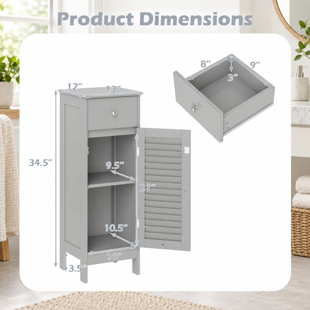 Airfind Narrow Bathroom Storage Cabinet with Adjustable Shelf and Drawer, 13in x 12in x 34.5inOverall Interior Footprint, Gray