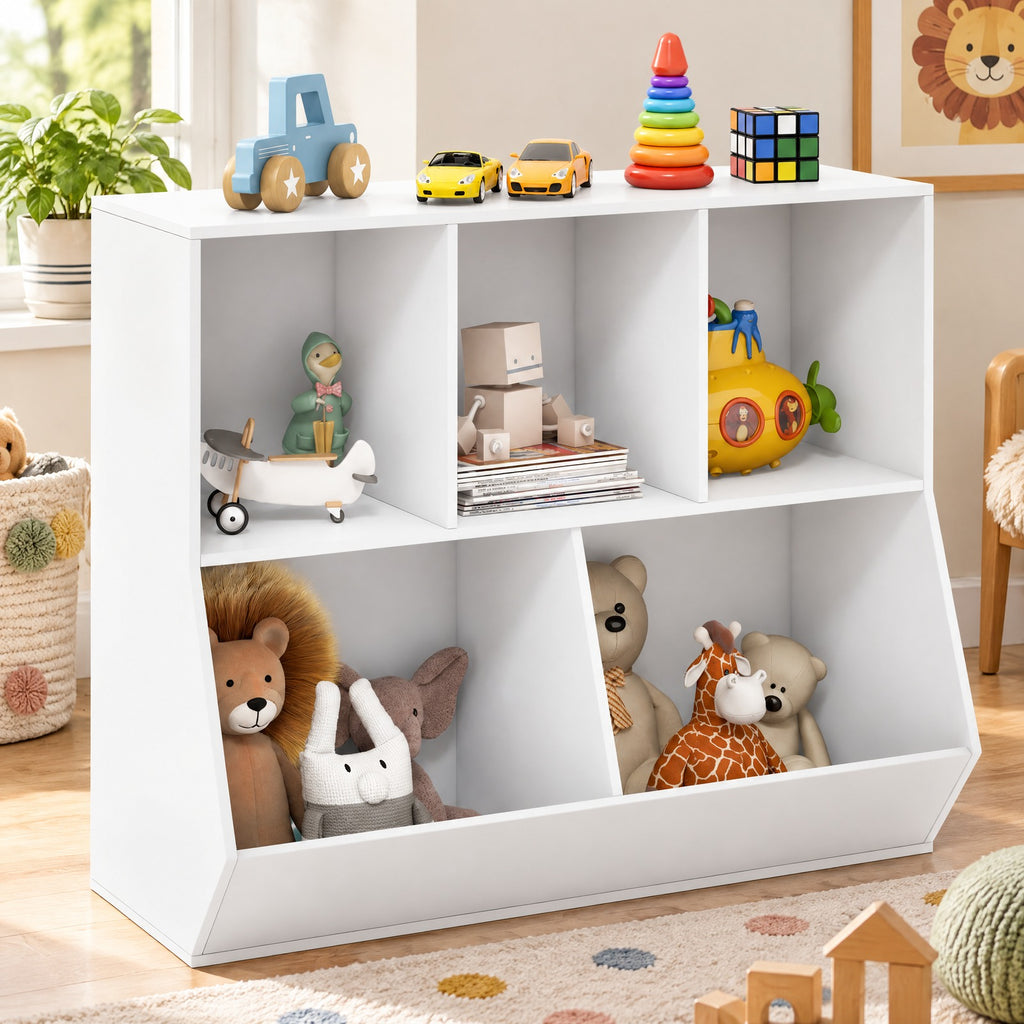 Airfind 5-Cube Wooden Kids Toy Storage Organizer with Anti-Tipping Kits, 110 lbs Capacity, MDF Engineered Wood Frame, 35.5 Inch x 16 Inch x 30 Inch Footprint