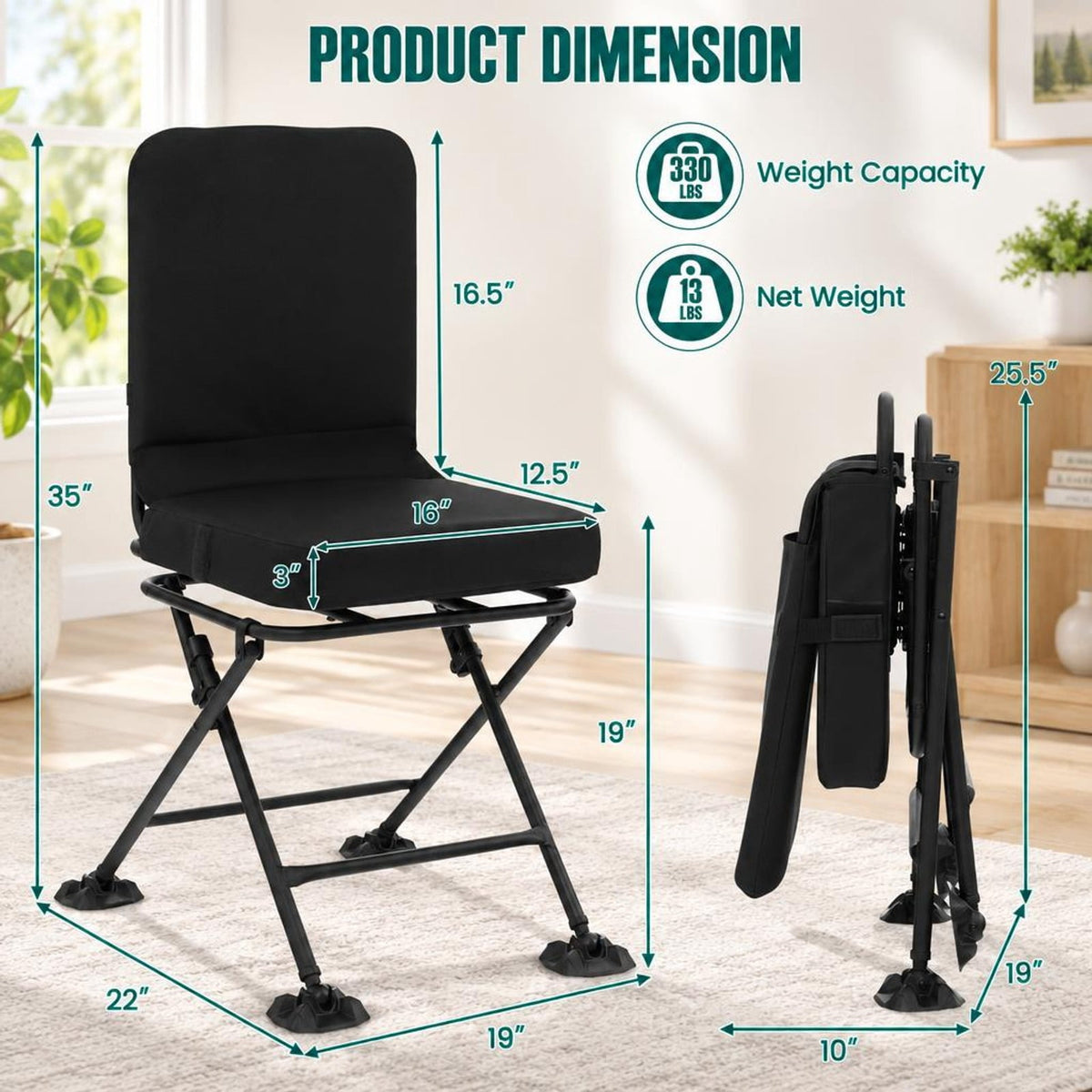 Airfind Swivel Folding Chair with Backrest and Padded Cushion, Sponge Steel Oxford Fabric PVC Frame, 19 Inch x 22 Inch x 35 Inch Footprint, Black