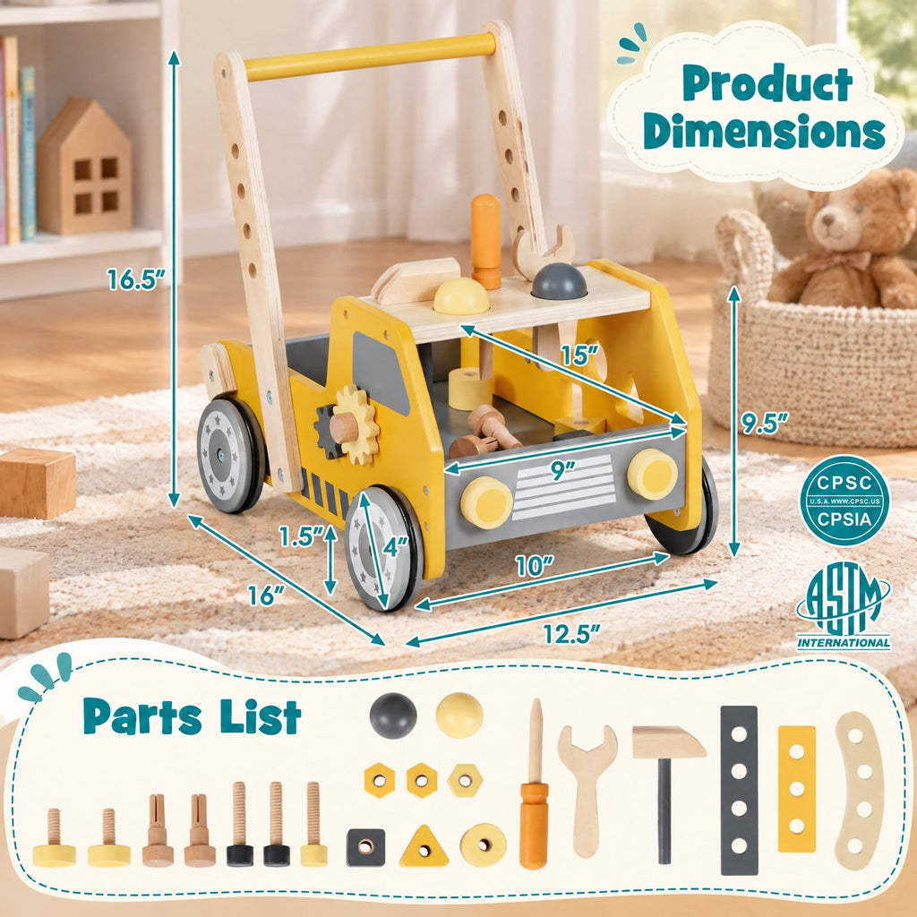 Airfind 2-in-1 Wooden Baby Walker with Adjustable Speed and Bottom Storage, MDF Frame, for 3+ Years Old, 16in x 12.5in x 16.5in Footprint, Yellow