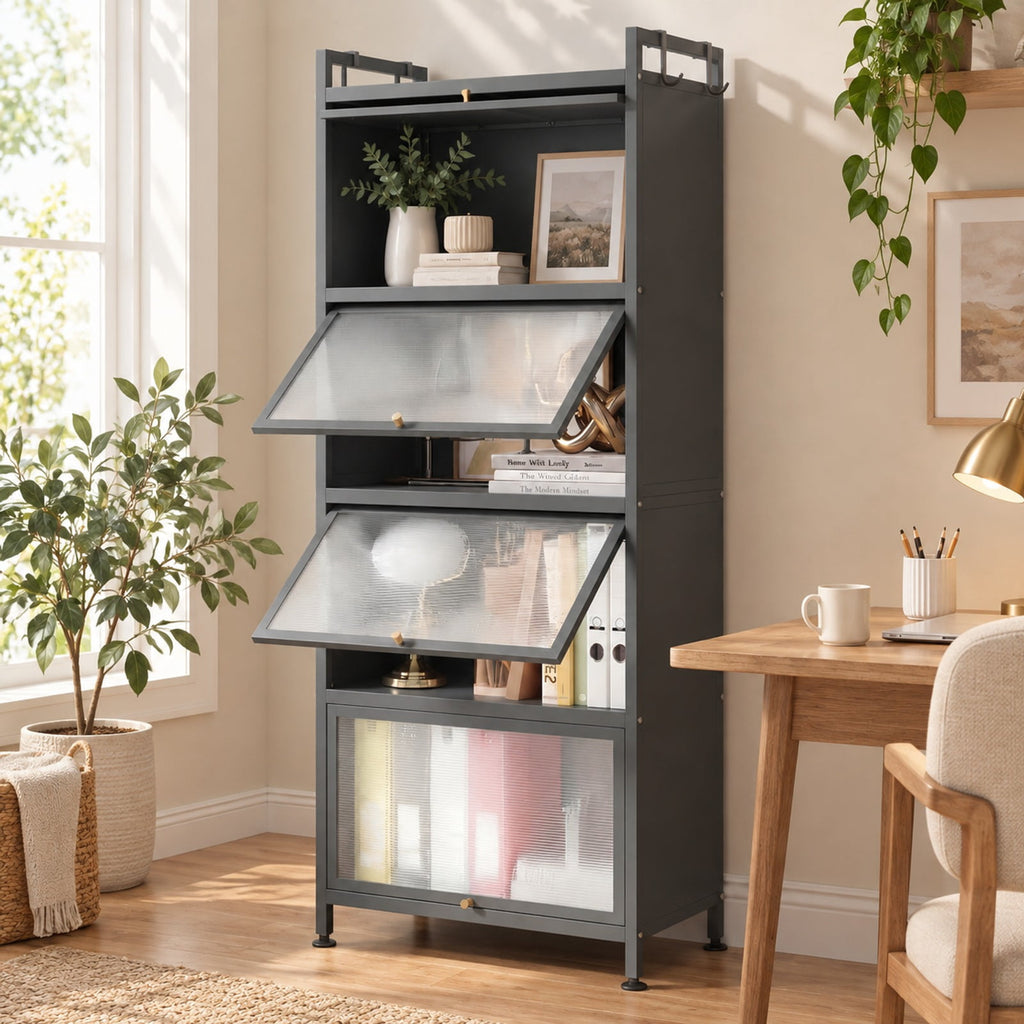Airfind 5-Tier Kitchen Bakers Rack with Flip-up PC Doors, tier 33 lbs Capacity, Metal PC PP Gray Frame, 23.5 x 12.5 x 60.5 Footprint, Gray