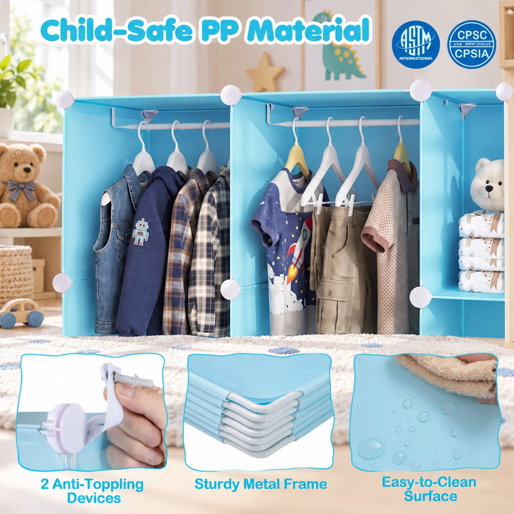 Airfind Modular Baby Wardrobe with 13 Cubes and Hanging Rod and Shelves Stackable, 6.5 lbs Capacity, PP Frame, 43 x 14 x 63 Footprint, Blue