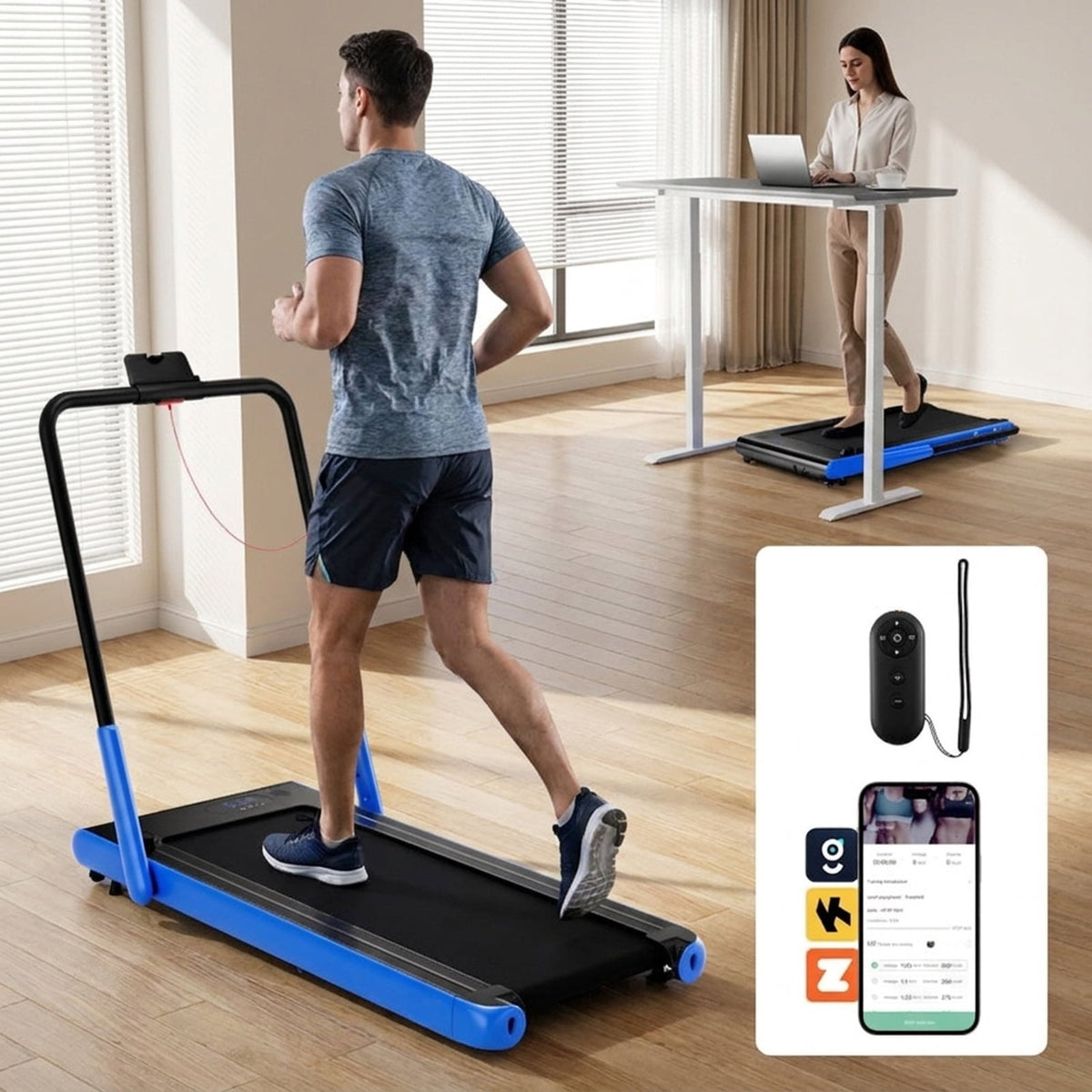 Airfind Under Desk Walking Pad Treadmill for home with ultra slim design and quiet 3HP motor plus remote control and LED screen for walking and running, Navy