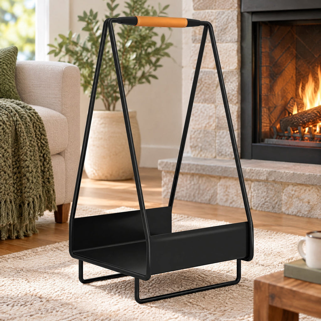 Airfind Firewood Storage Rack Heavy, 55 lbs Capacity, Metal Leather Frame, 12 Inch x 12 Inch x 24 Inch Footprint, Black