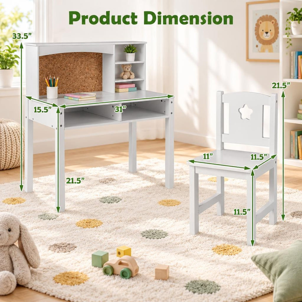 Airfind Kids Desk and Chair Set with Hutch and Bulletin Board for 3+ Kids, MDF Pine Wood Frame, 31 x 15.5 x 33.5 Footprint, White