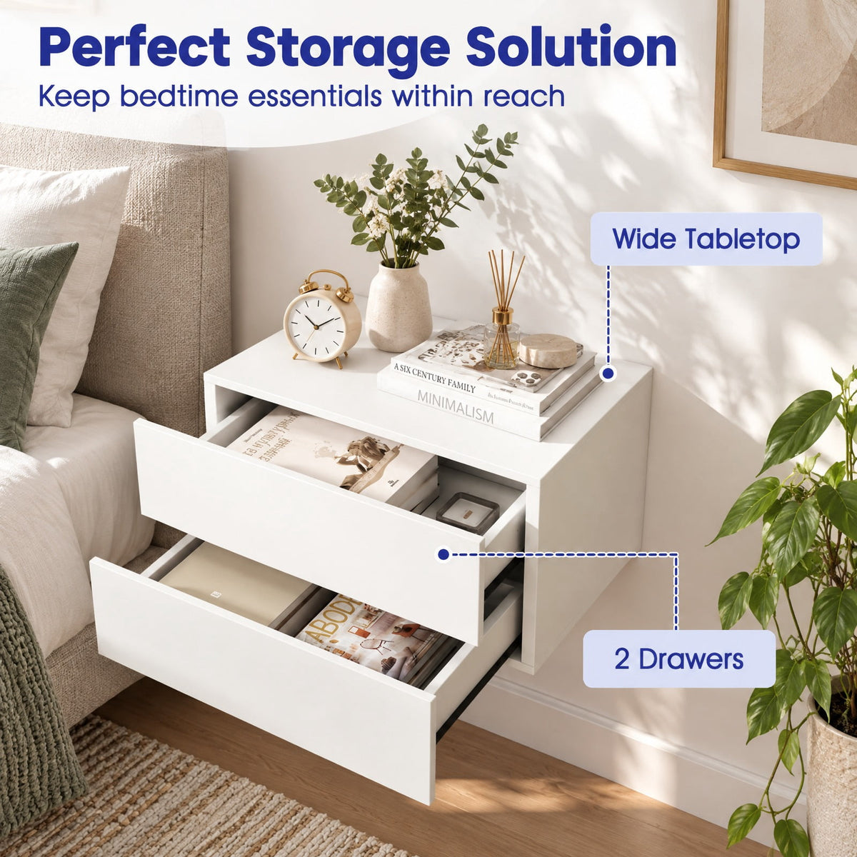 Airfind Floating Nightstand with 2 Storage Drawers Wall Mounted for Bedroom, White, Wide tabletop and 2 drawers keep bedtime essentials within reach