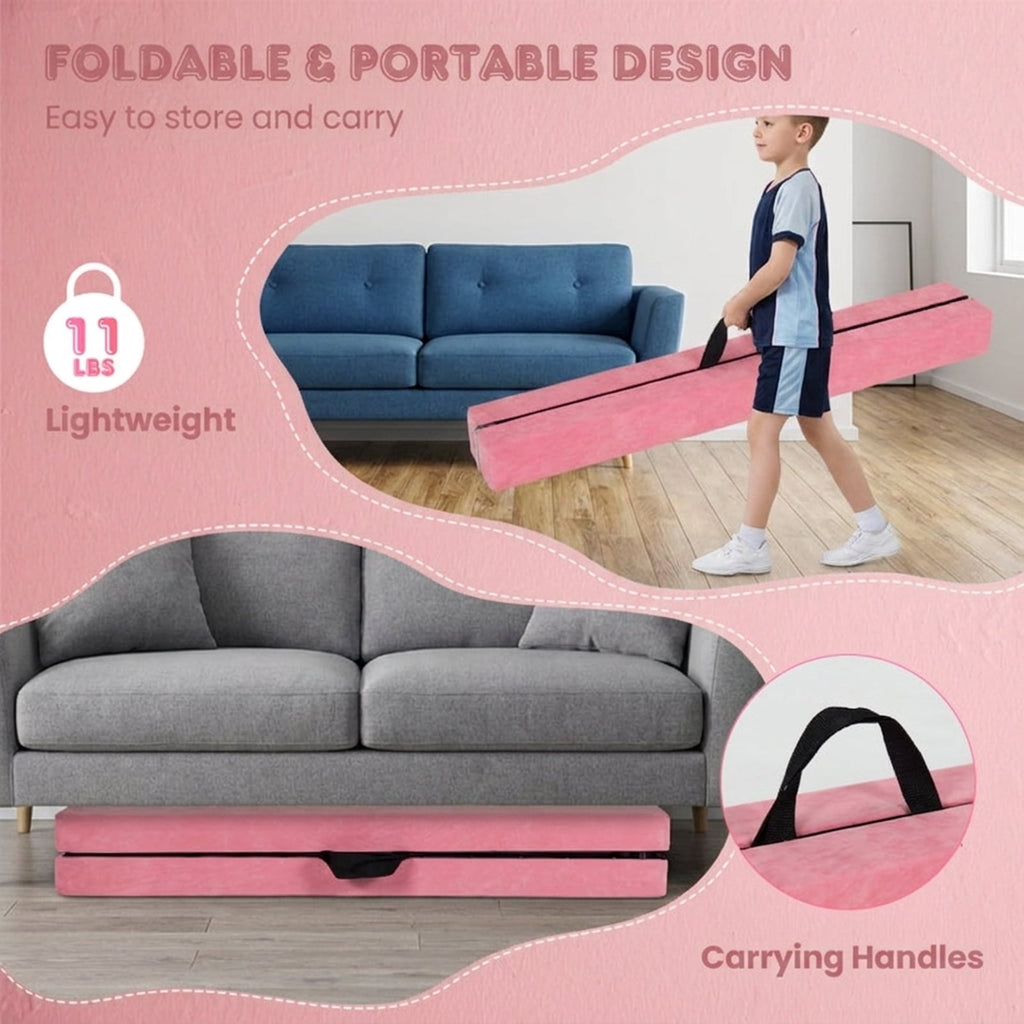 Airfind 9 ft Folding Gymnastics Balance Beam with Suede Cover, Pine Wood Core and Non-Slip Mat, Pink