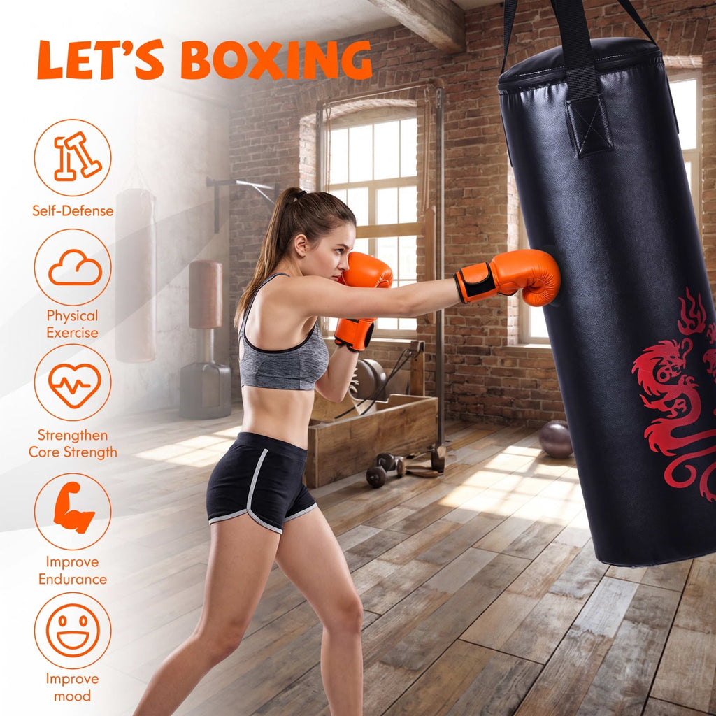 Airfind 5 Piece 40 Pound Filled Hanging Punching Bag Boxing Set with Gloves Jump Rope and Rucksack for Home Training, Black
