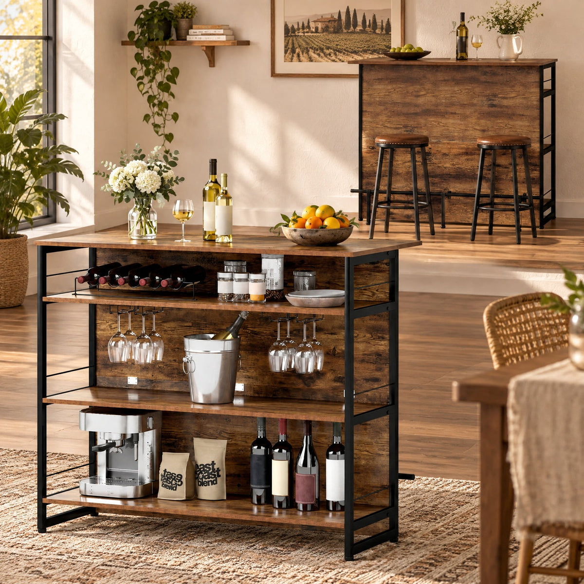 Airfind 4-Tier Mini Bar Kitchen Island with Footrest and Wine Rack, 44 lbs Capacity, Engineered Board Metal Frame, 47 Inch x 23.5 Inch x 40 Inch Footprint