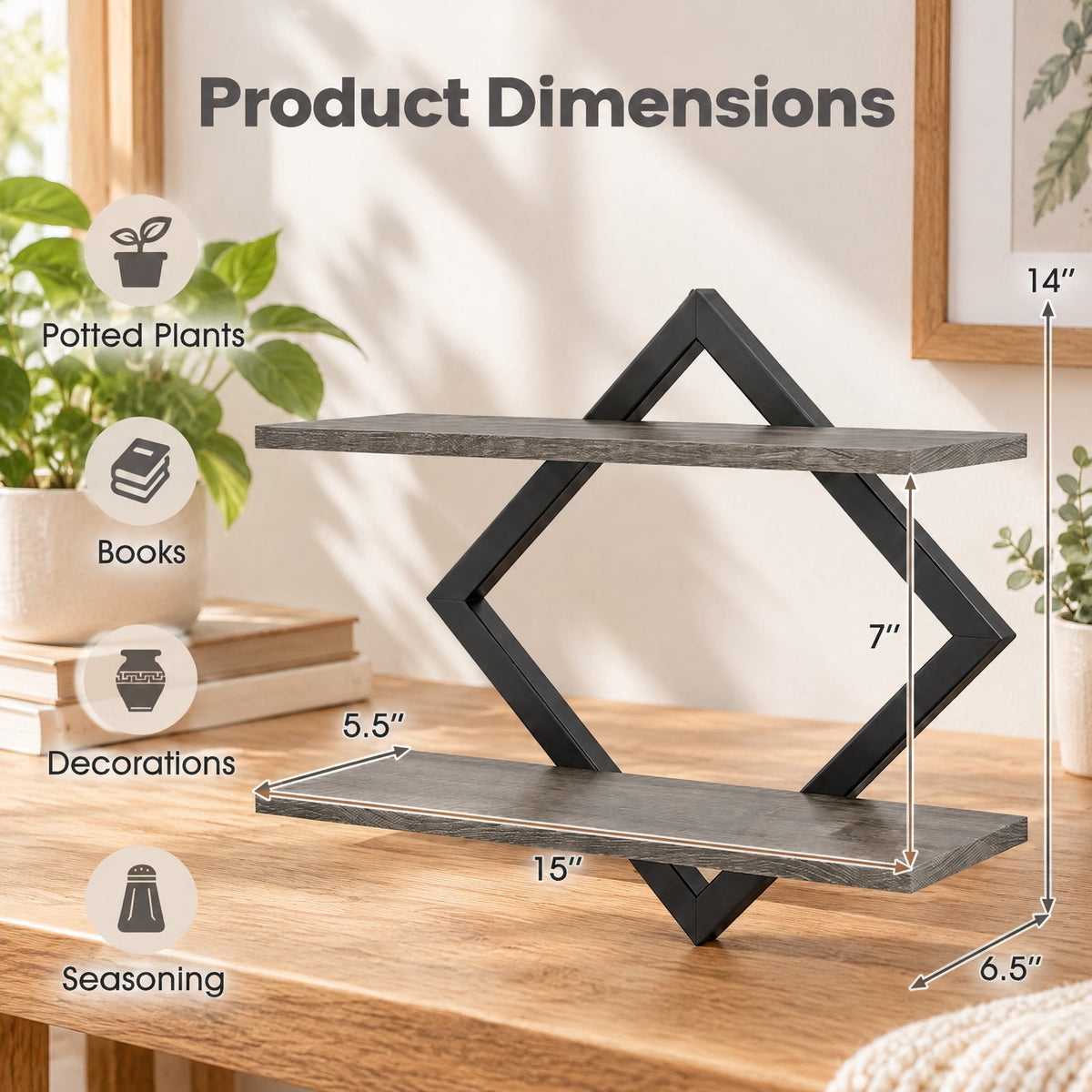 Airfind Set of 2 Metal Floating Shelves for Wall featuring Geometric Frame, Engineered Wood Metal Frame, 15 Inch x 6.5 Inch x 14 Inch Footprint, Gray