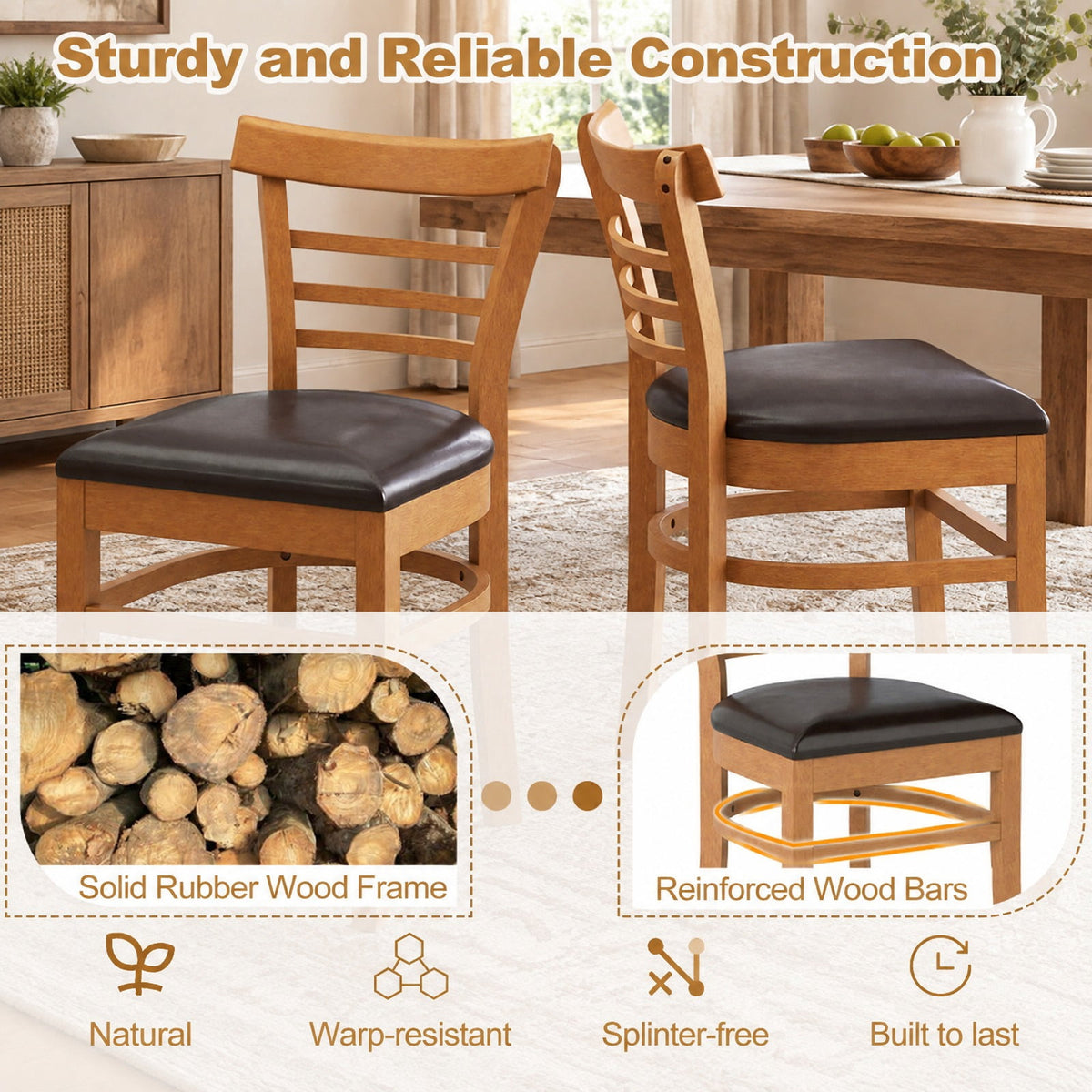 Airfind Set of 2 Wooden Dining Chair with Rubber Wood Legs for Restaurant, Chair 400 lbs Capacity, Rubber Wood PU Leather Sponge Frame, Brown