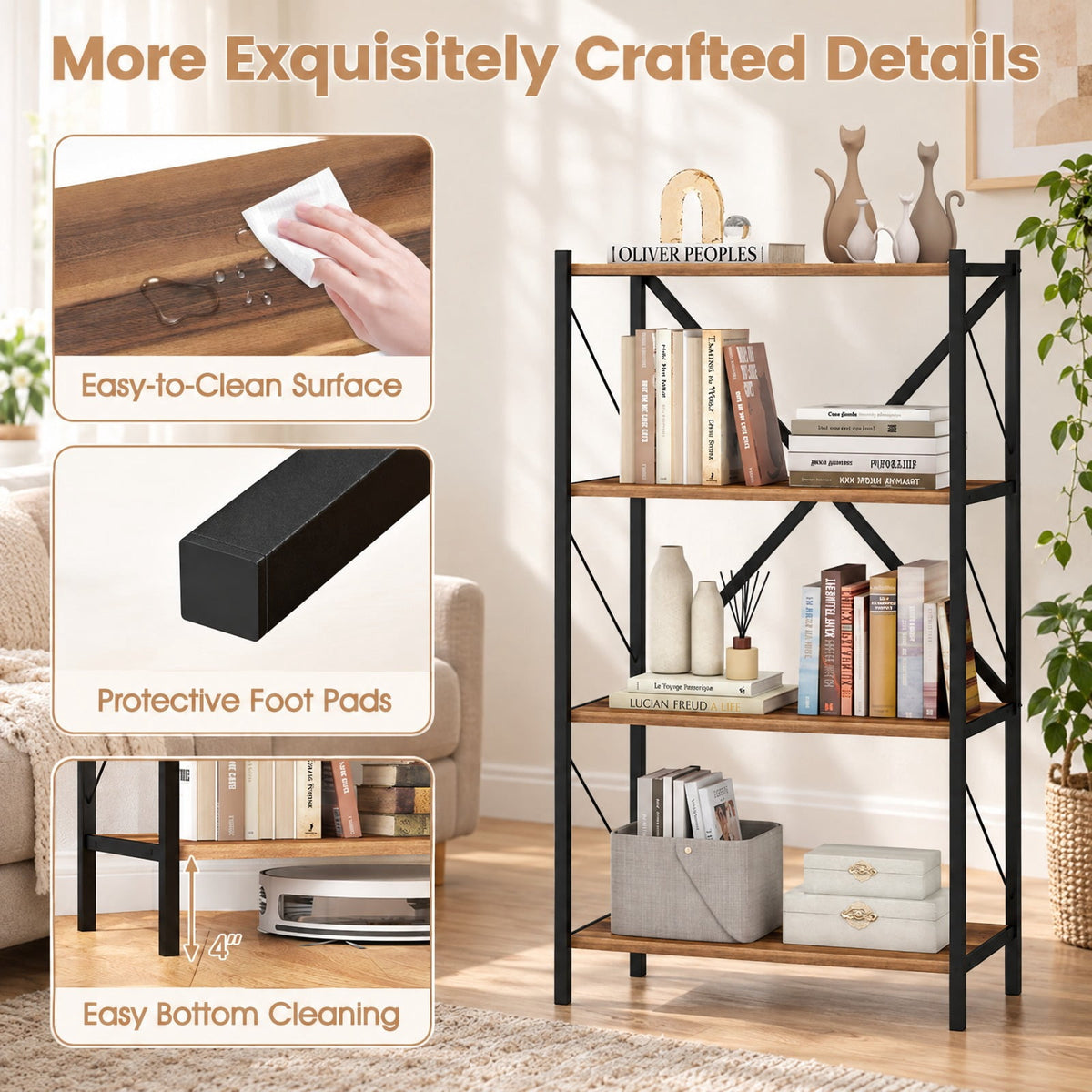 Airfind 4-Tier Bookshelf with Heavy-Duty Metal Frame, 5.5 lbs Capacity, Metal Engineered Wood Frame, Walnut