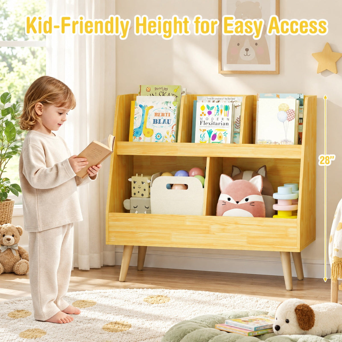 Airfind 5-Cube Kids Bookshelf and Toy Organizer with Anti-Tipping Kits, 68 lbs Capacity, MDF Solid Wood Frame, White Oak Natural Pink Light Gray
