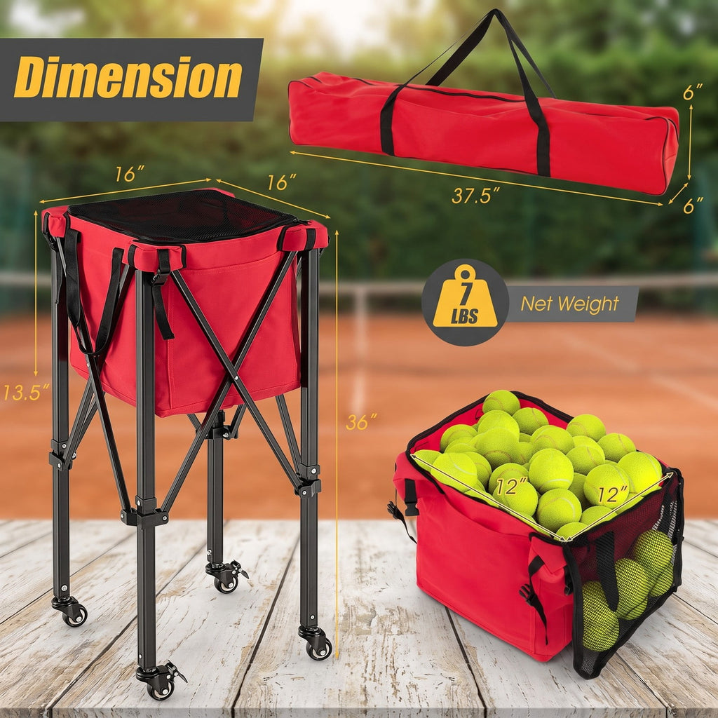 Airfind Foldable Tennis Ball Cart with Wheels and Removable Bag, Lightweight Aluminum Teaching Hopper Holds 150 Balls for Tennis Pickleball Badminton, Red