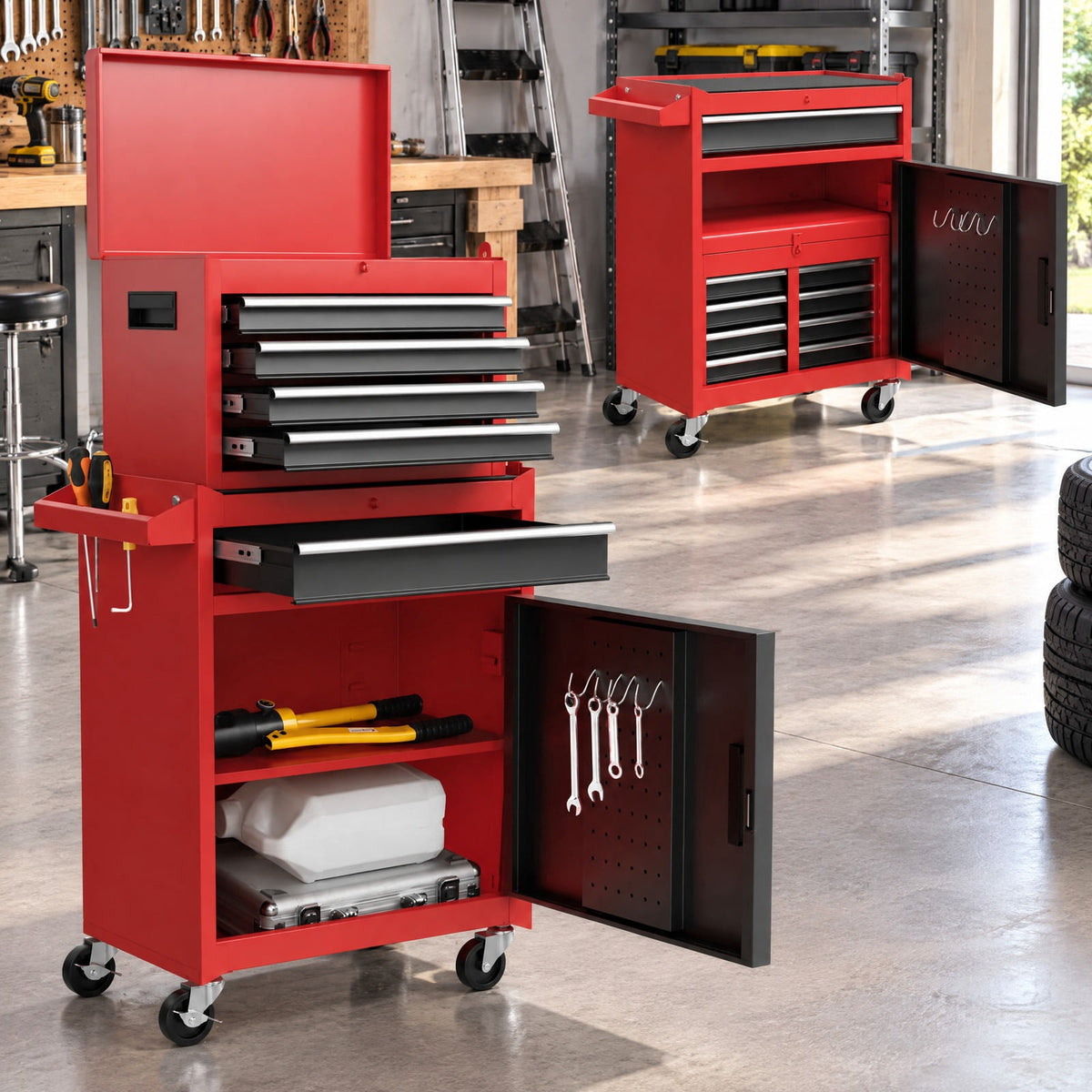 Airfind 2-in-1 Tool Chest and Cabinet with 5 Sliding Drawers-Black and Red, 220.5 lbs Capacity, Steel rubber-plastic synthetic Frame, Gray