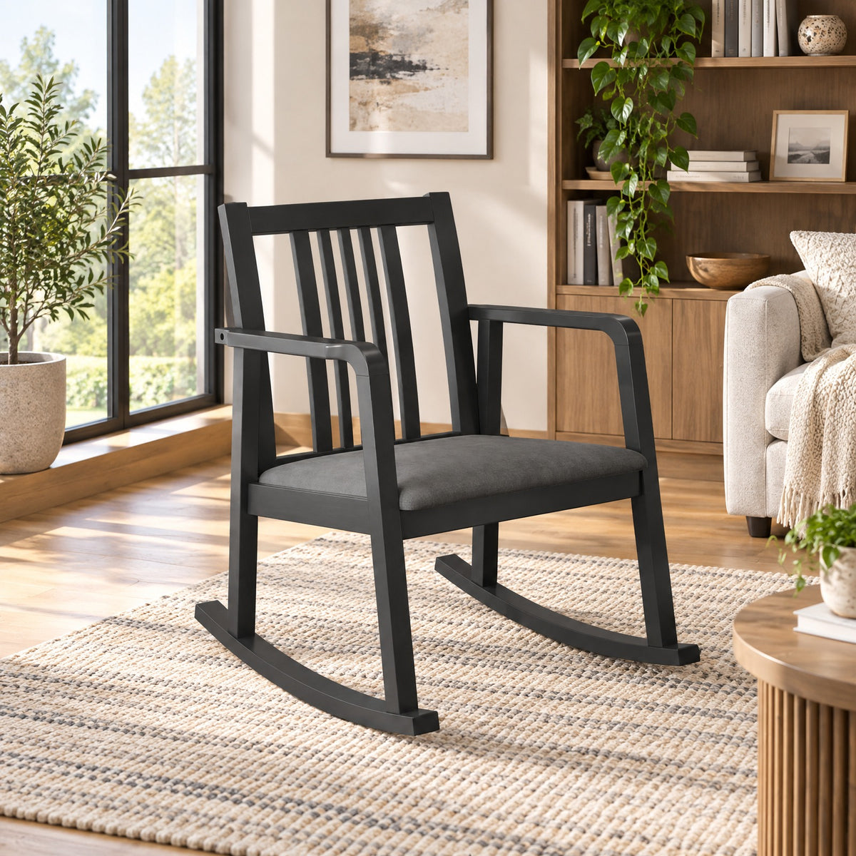 Airfind Rocking Chair with Slatted Back and Curved Armrests, 400 lbs Capacity, Rubber Wood Linen Fabric Sponge MDF Frame, 28 x 24 x 31 Footprint