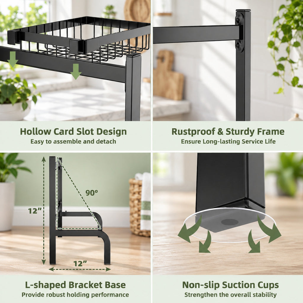 Airfind 2 Tier Adjustable Over Sink Dish Drying Rack with 8 Hooks, Steel Frame, Black, Overall dimension 21-39 x 12 x 21(L x
