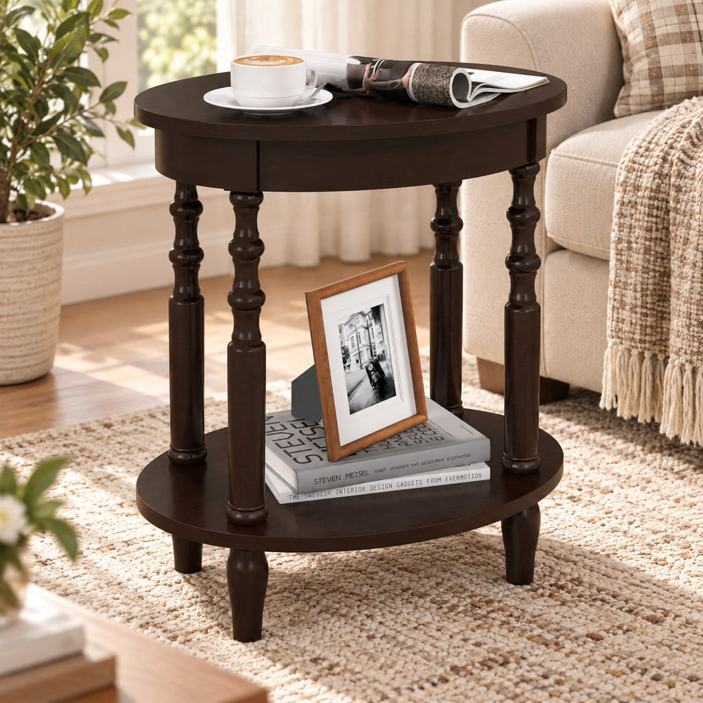Airfind Side Table, 2-Tier Oval, with Storage Shelf and Solid Wood Legs, 245 lbs Capacity, MDF Rubber Wood Frame, Espresso