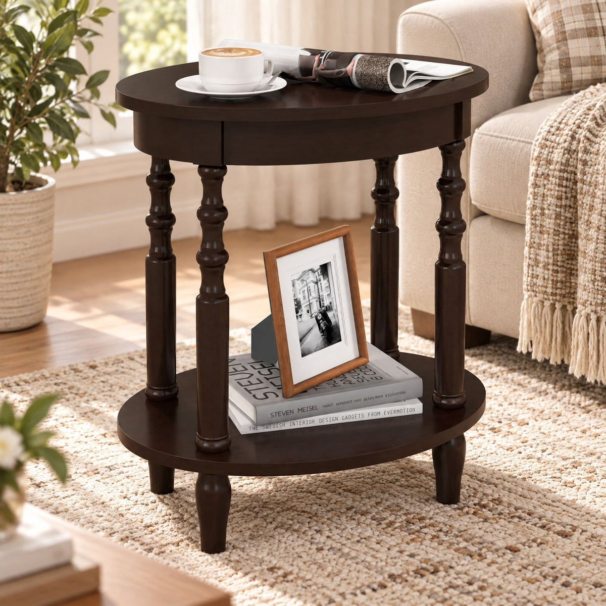Airfind Side Table, 2-Tier Oval, with Storage Shelf and Solid Wood Legs, 245 lbs Capacity, MDF Rubber Wood Frame, Espresso