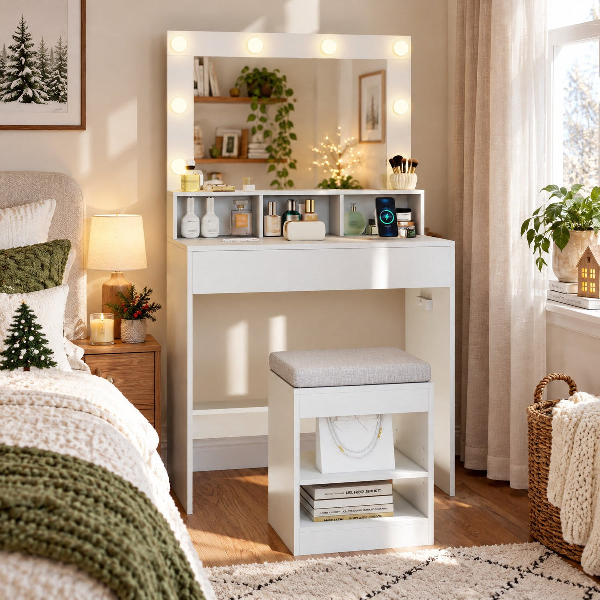 Airfind 31.5 Inches Vanity Desk with 3 Lighting Modes and Storage Shelves, 88 lbs Capacity, Engineered Wood Frame, 31.5 Inch x 16 Inch x 55 Inch Footprint