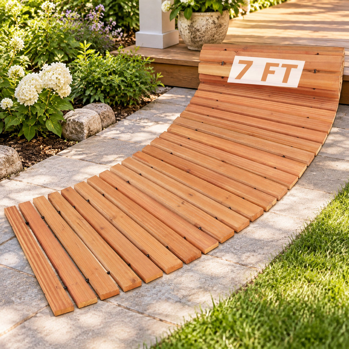 AIRFIND Wooden Garden Pathway with Curved Roll-Up Design, Textured Fir Wood Slats and Connected Wire Supports, 17 in Wide, Natural