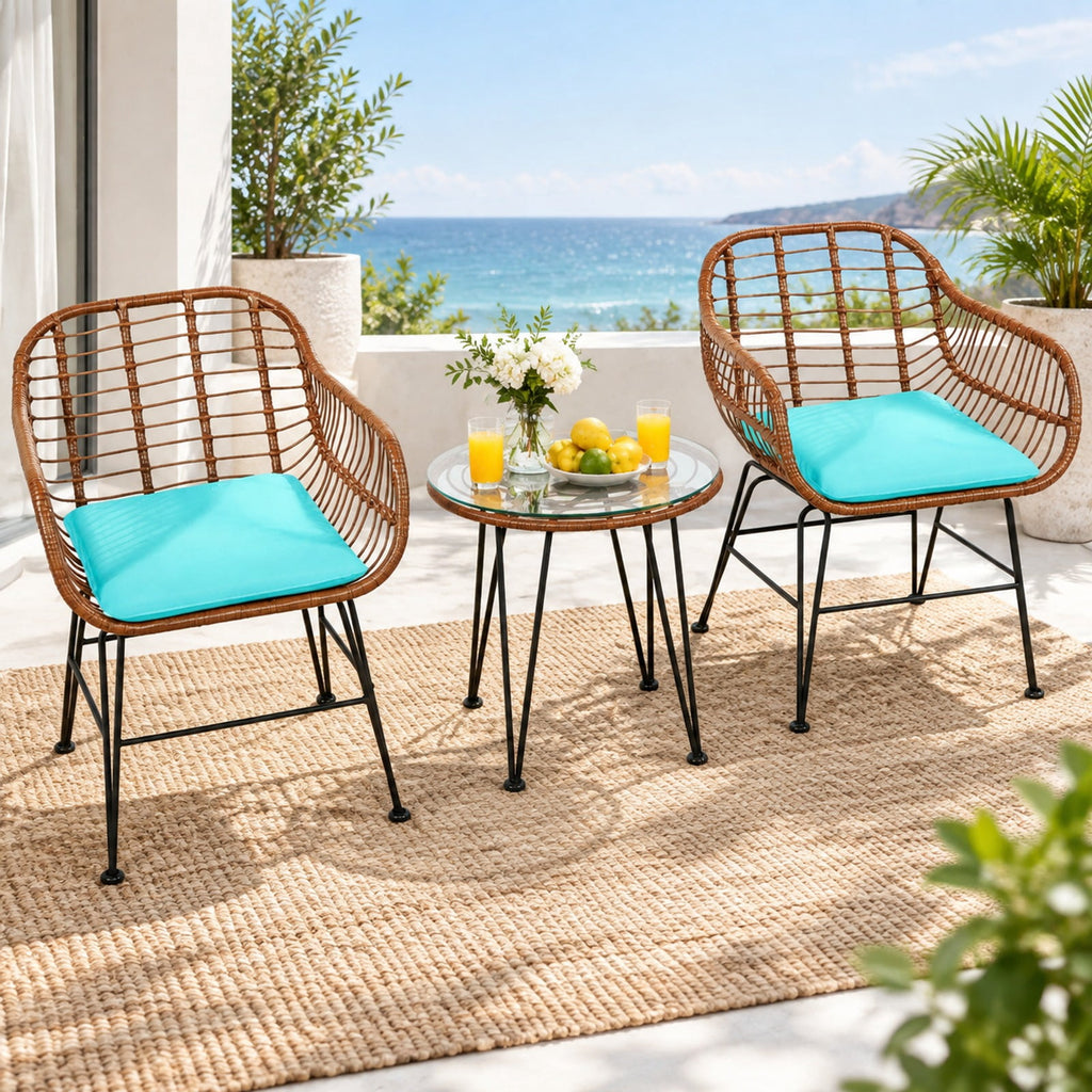 Airfind 3 Pieces Patio Rattan Bistro Set with Cushion, 170 lbs Capacity, Steel Rattan Sponge Polyester Frame, 22.5 Inch x 24 Inch x 31.5 Inch Footprint