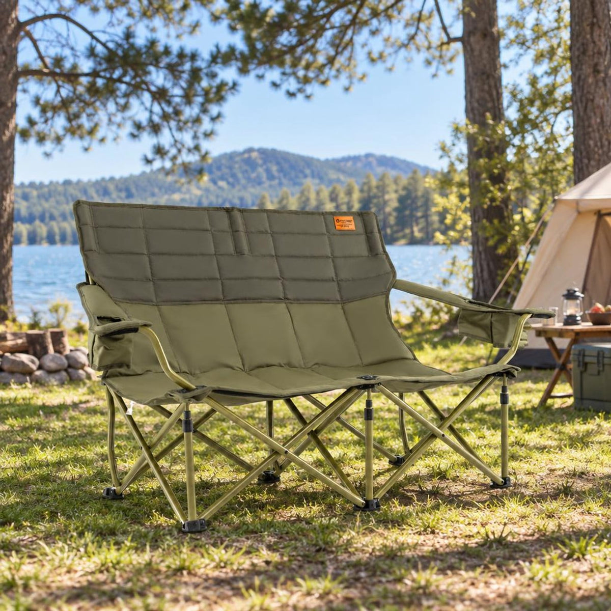 Airfind Oversized Camping Chair Folding Loveseat Camping Couch with Cup Holders Thick Padding, Capacity 660 lbs Capacity, Green