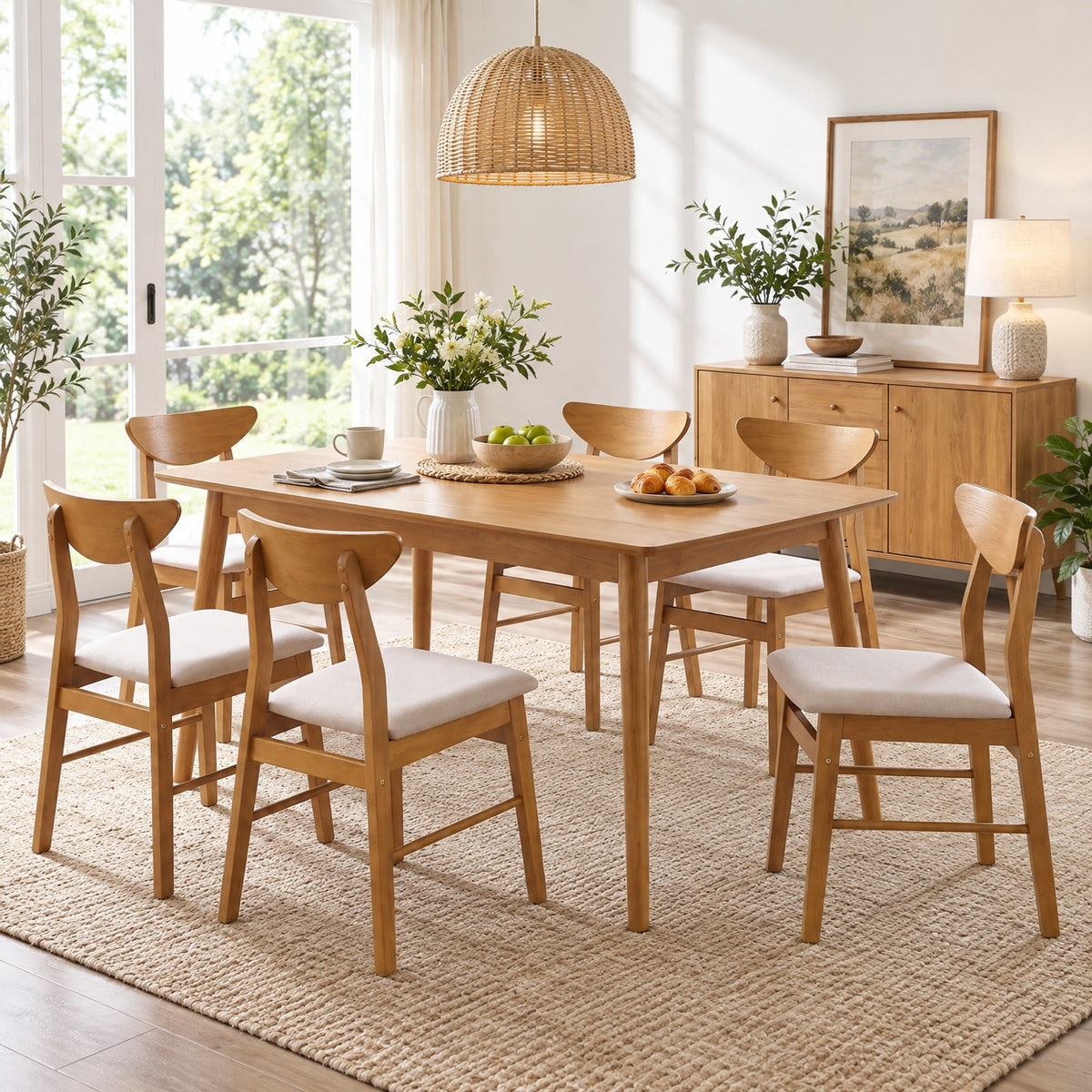 Airfind Set of 4 Upholstered Dining Chairs with Curved Backrest and Rubber Wood Frame, 330 lbs Capacity, Rubber Wood Foam MDF Frame, Natural