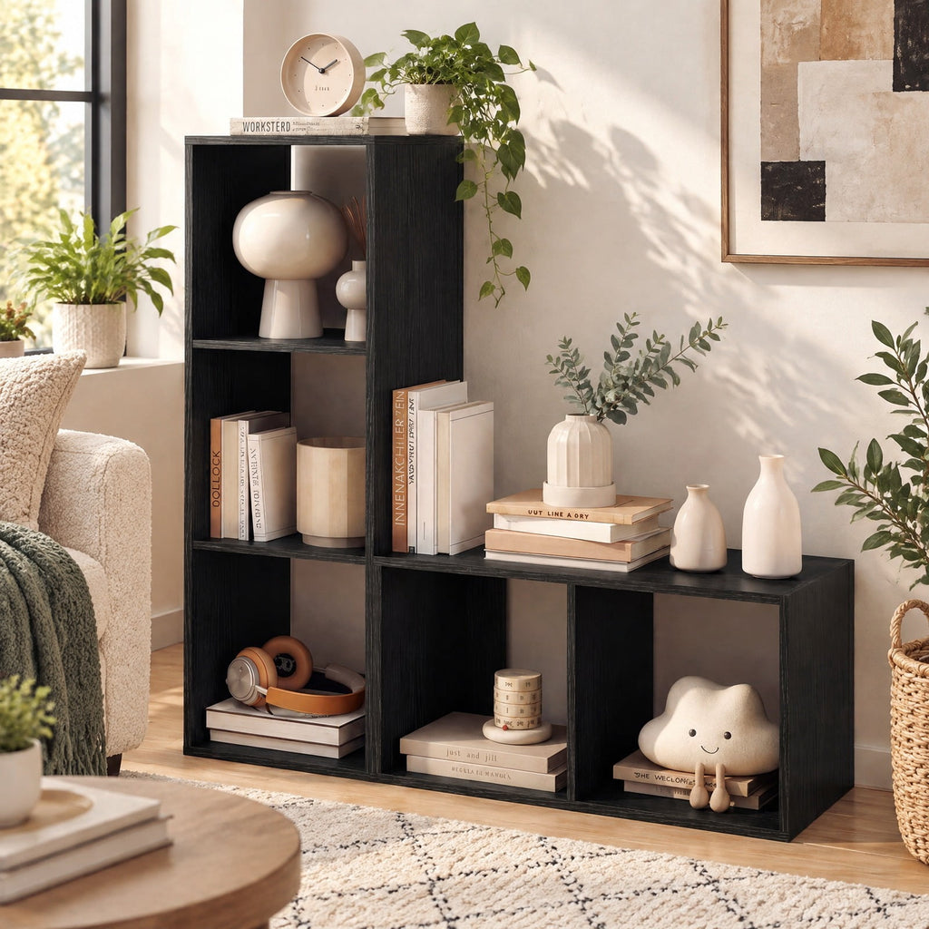 Airfind 2 Cube Bookshelf with Back Guardrail for Living Room Bedroom, Engineered Wood Frame, 14 Inch x 13 Inch x 27.5 Inch Depth of Bottom Shelf 12 Inch Footprint