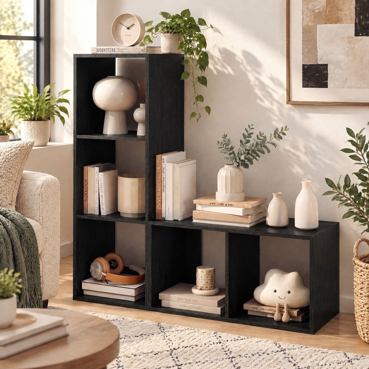 Airfind 2 Cube Bookshelf with Back Guardrail for Living Room Bedroom, Engineered Wood Frame, 14 Inch x 13 Inch x 27.5 Inch Depth of Bottom Shelf 12 Inch Footprint