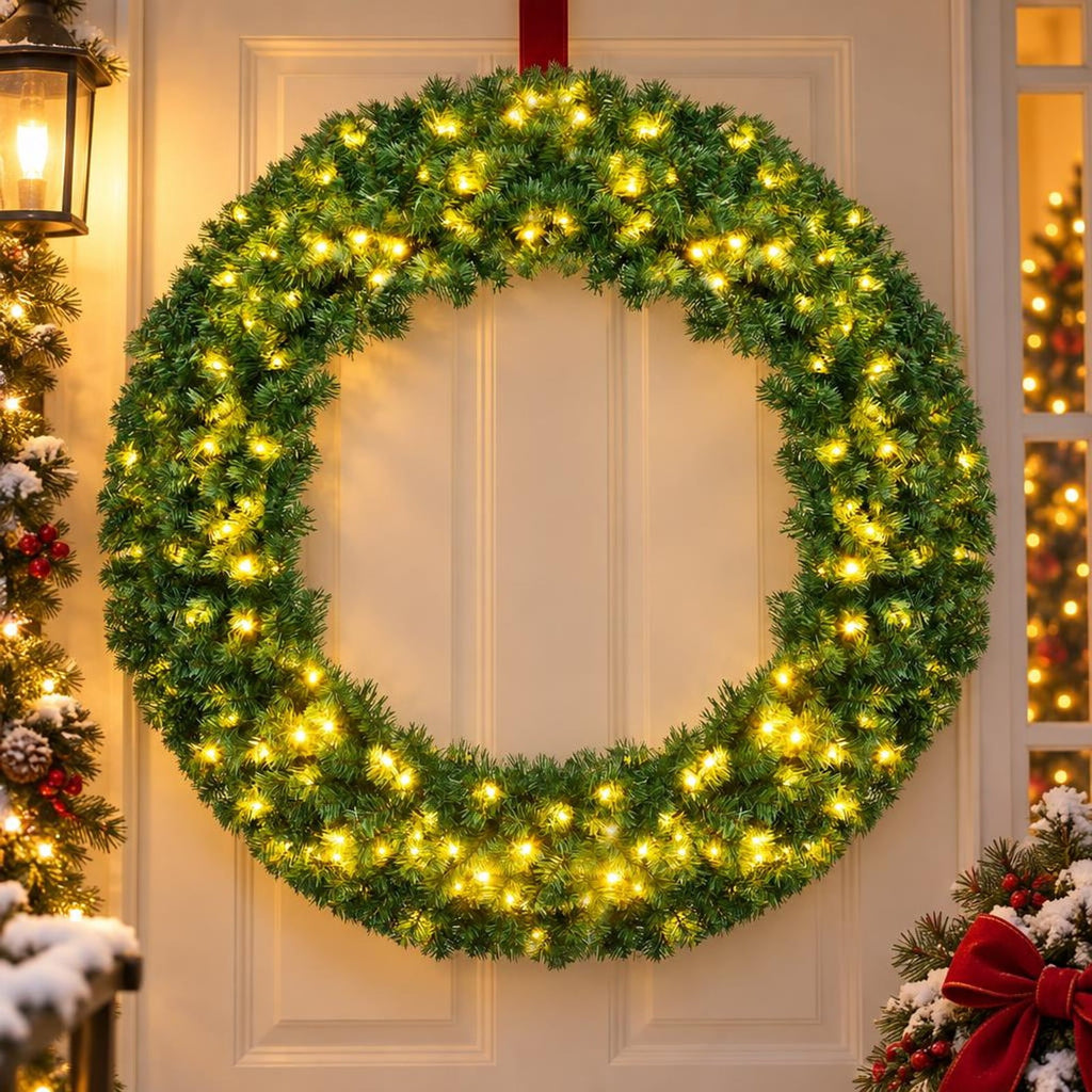 Airfind 48 Inch Pre-Lit Artificial Christmas Wreath with 200 Warm LED Lights and 714 PVC Branch Tips, Battery Operated, Green
