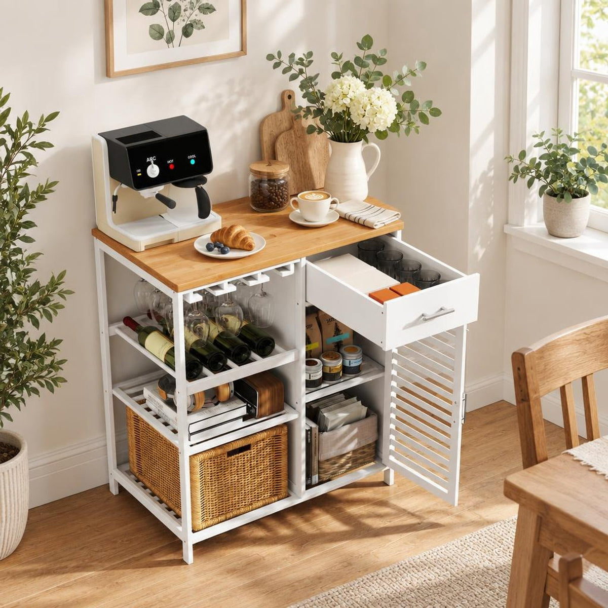 Airfind Coffee Bar Cabinet with Glass Holder Wine Rack and Bamboo Top, White, Smooth painted surface for easy maintenance