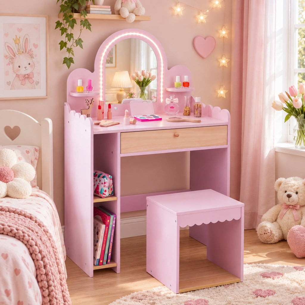 Airfind Pretend Personal Dressing Table Set with 2 Small Shelves and Compartments, 90 Lbs Capacity, Engineered Wood, for 3 and Years Old, Pink