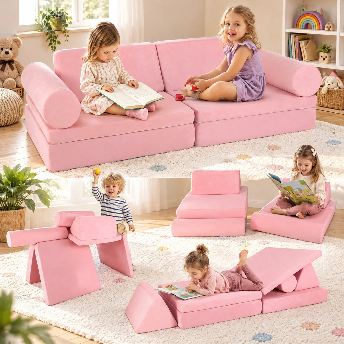 Airfind 8 Pieces Kids Play Couch Foam Building Fort Play Set with Suede Cover, Suede Fabric Sponge Frame, 63in x 31.5in x 19.5in Footprint, Pink