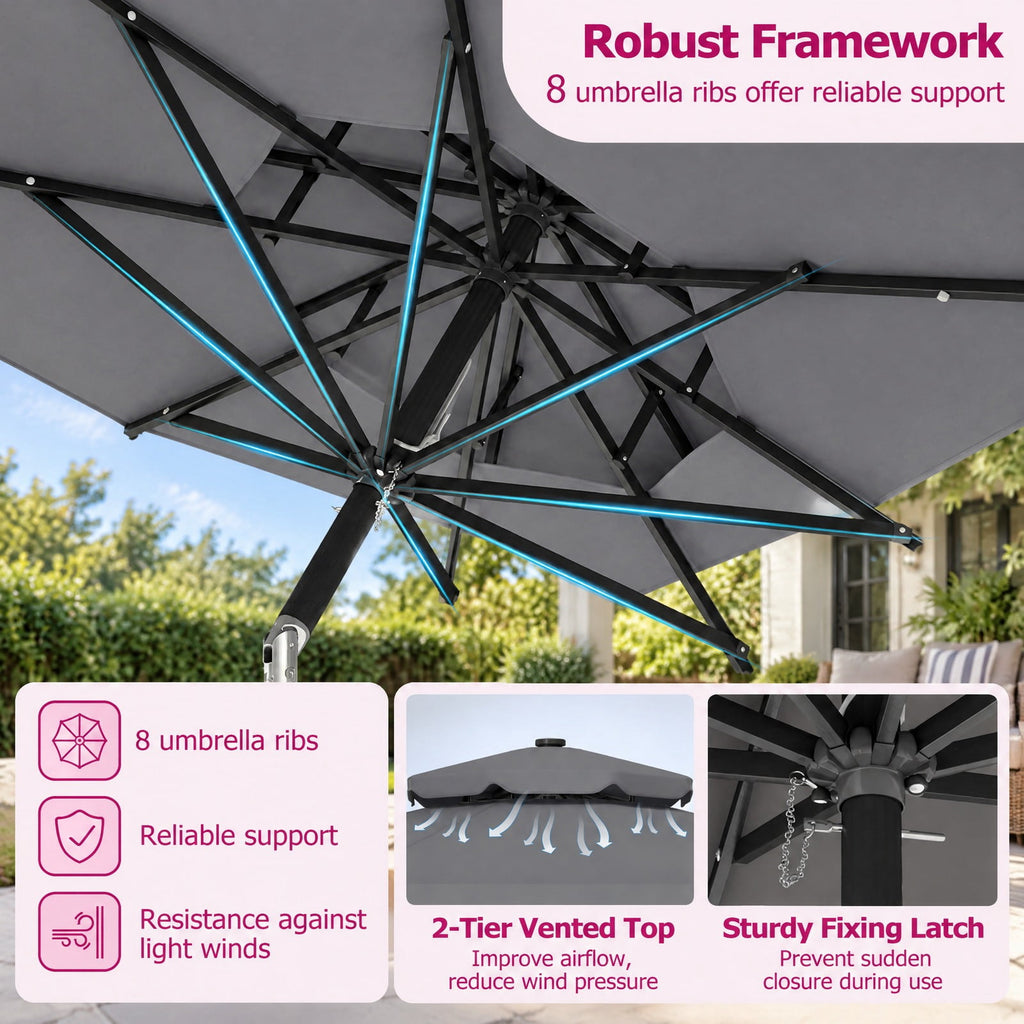 Airfind 9 FT Solar LED Patio Umbrella Push-Button Tilt and Crank 24 LED Lights and 8 Ribs, Polyester Fabric Metal Frame, 9 x 8.2 ft Footprint, Gray