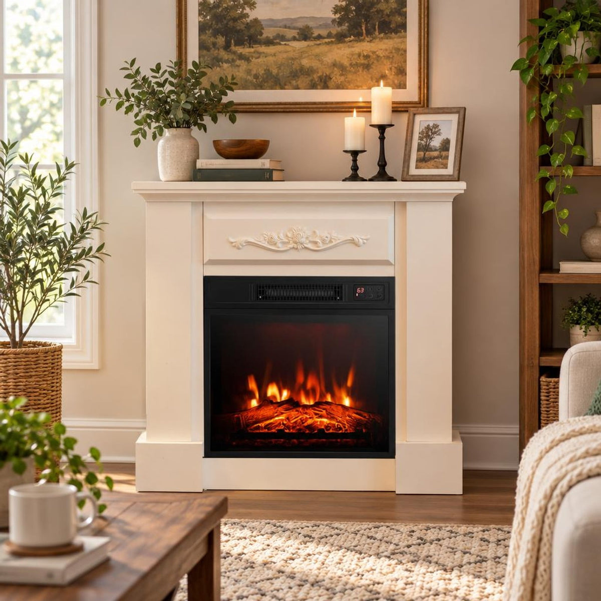 Airfind 1400W TV Stand Electric Fireplace Mantel with Remote Control, 22 lbs Capacity, MDF PB Steel plastic tempered glass Frame, White