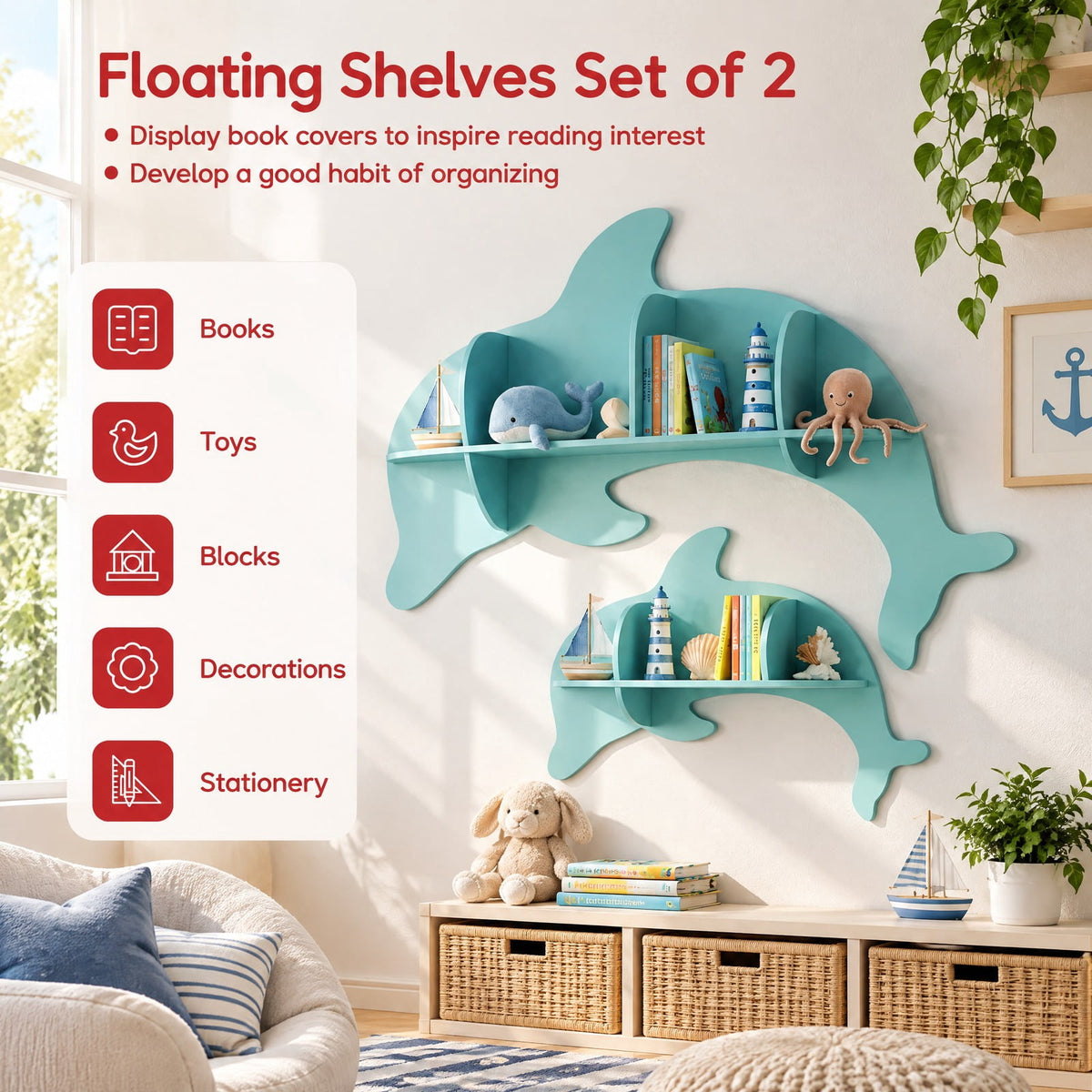 Airfind Floating Dolphin Shelves Wall Mounted Storage Display Rack, 11 lbs Capacity, MDF Frame, 38 x 6 x 27 Footprint, Blue