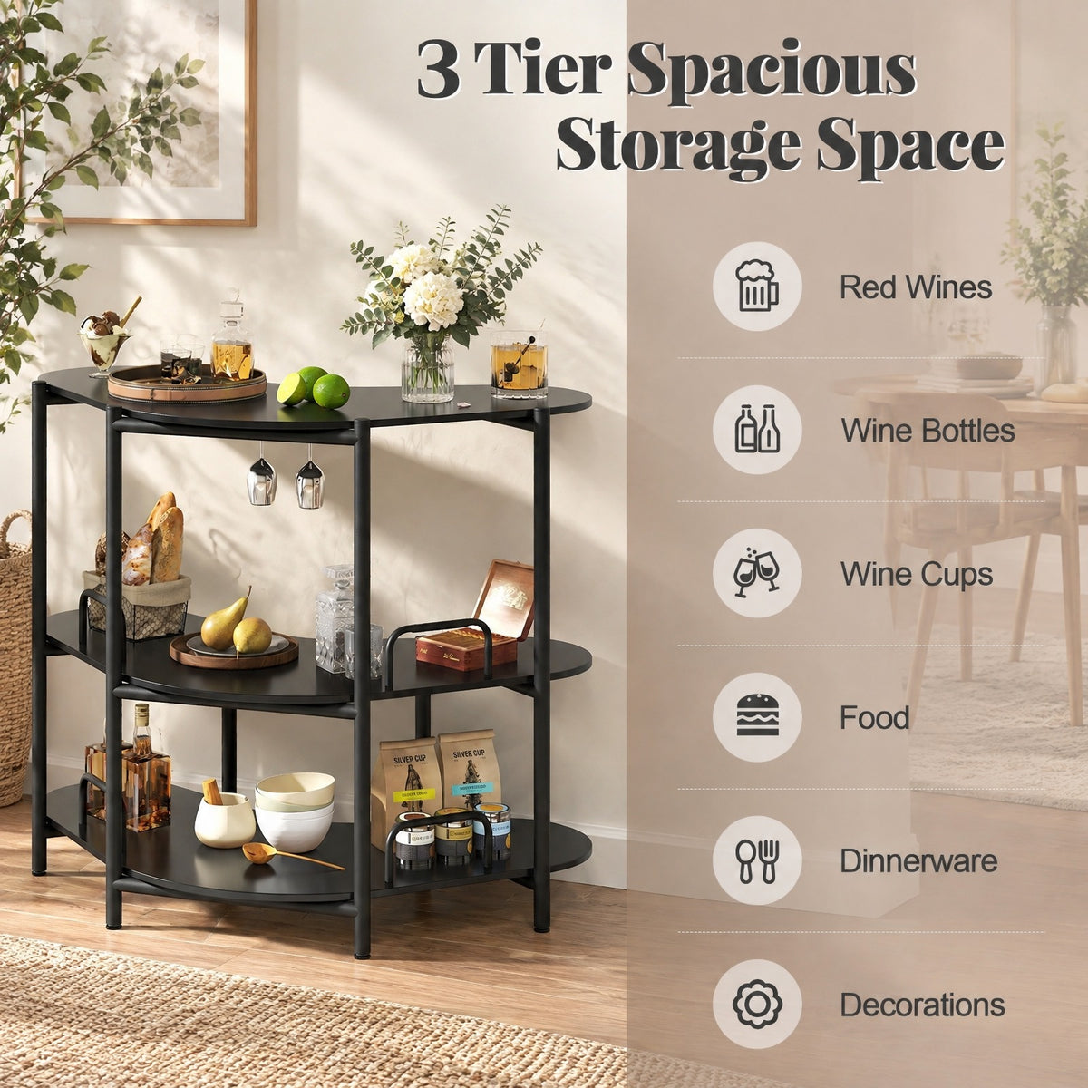 Airfind 3-Tier Liquor Bar Table with Stemware Racks and Storage Shelves, 200 lbs Capacity, Engineered Wood Metal Frame, 48 x 26 x 40 Footprint